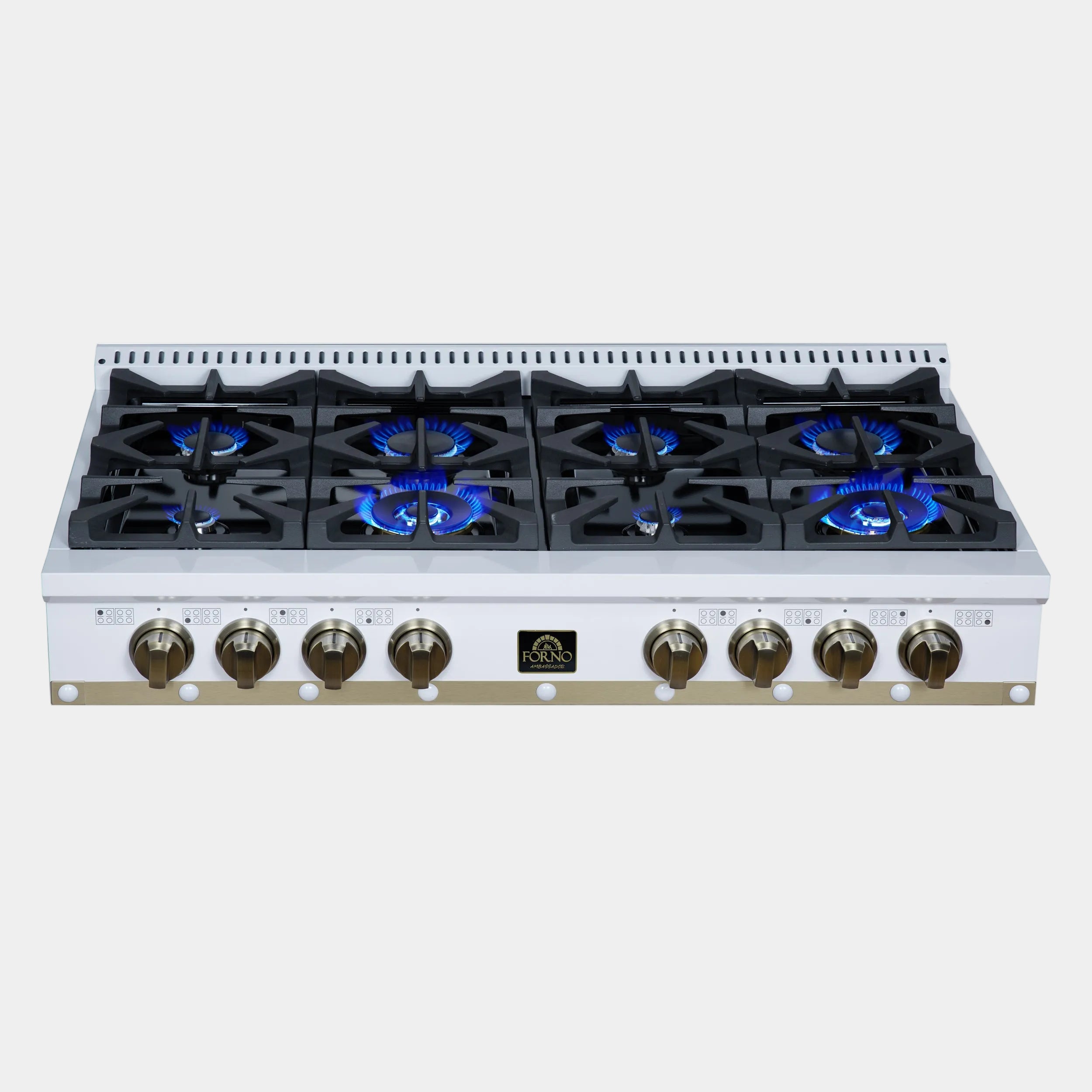 Forno Valente 48 in. White Gas Rangetop with 8 Sealed Burners and Cast Iron Grates | FCTGS5799-48CPWHT