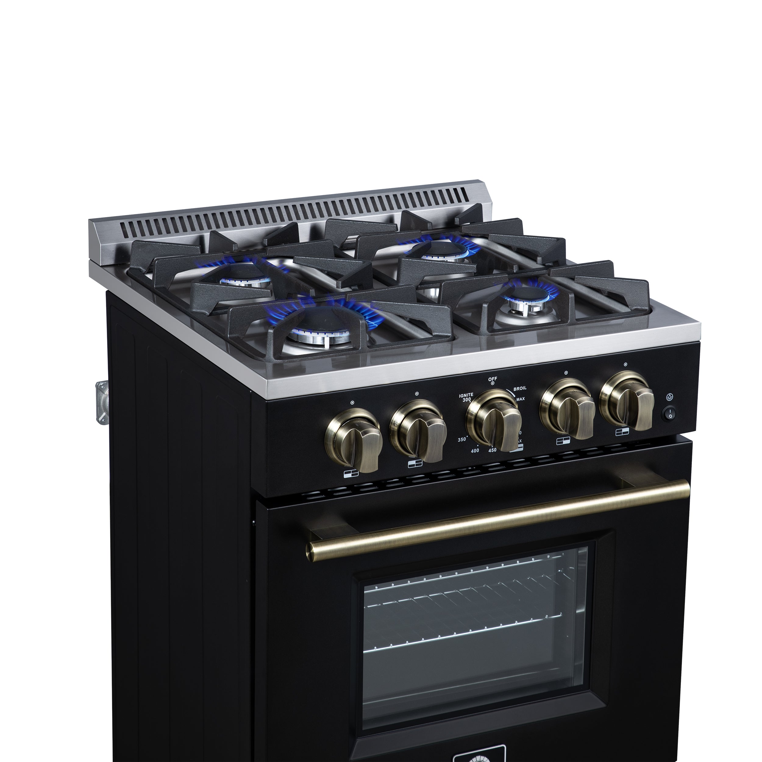 Forno Breno 24 in. 2.3 cu.ft. Black Gas Range with 4 Burners, Air Fry Kit, Storage Drawer and Antique Brass Accents | FFSGS6272-24BLK