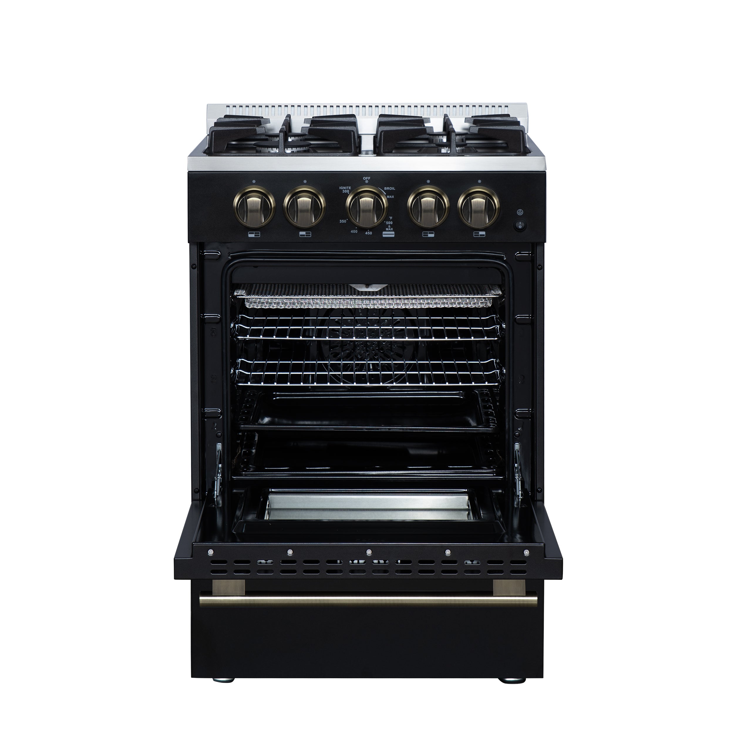 Forno Breno 24 in. 2.3 cu.ft. Black Gas Range with 4 Burners, Air Fry Kit, Storage Drawer and Antique Brass Accents | FFSGS6272-24BLK