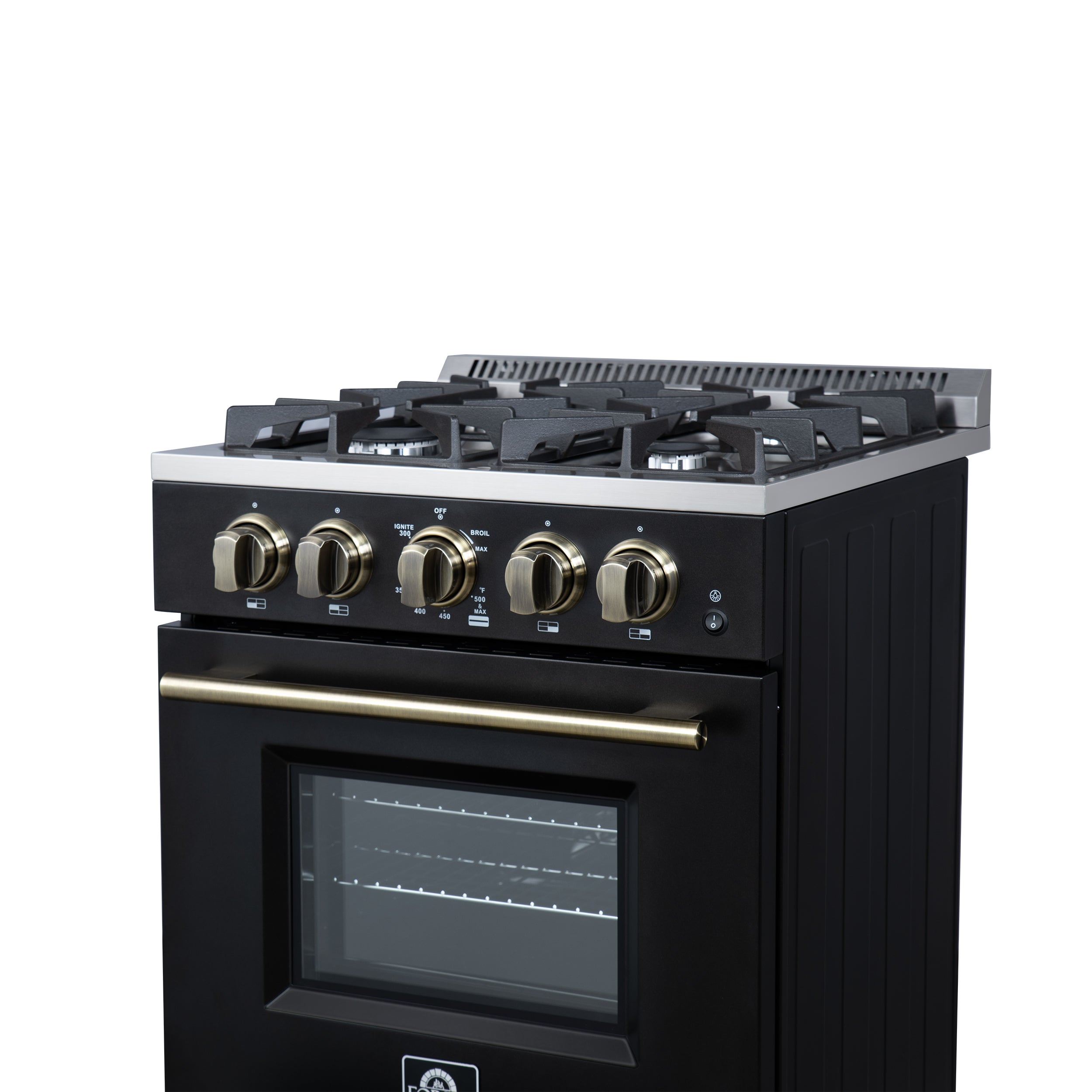 Forno Breno 24 in. 2.3 cu.ft. Black Gas Range with 4 Burners, Air Fry Kit, Storage Drawer and Antique Brass Accents | FFSGS6272-24BLK