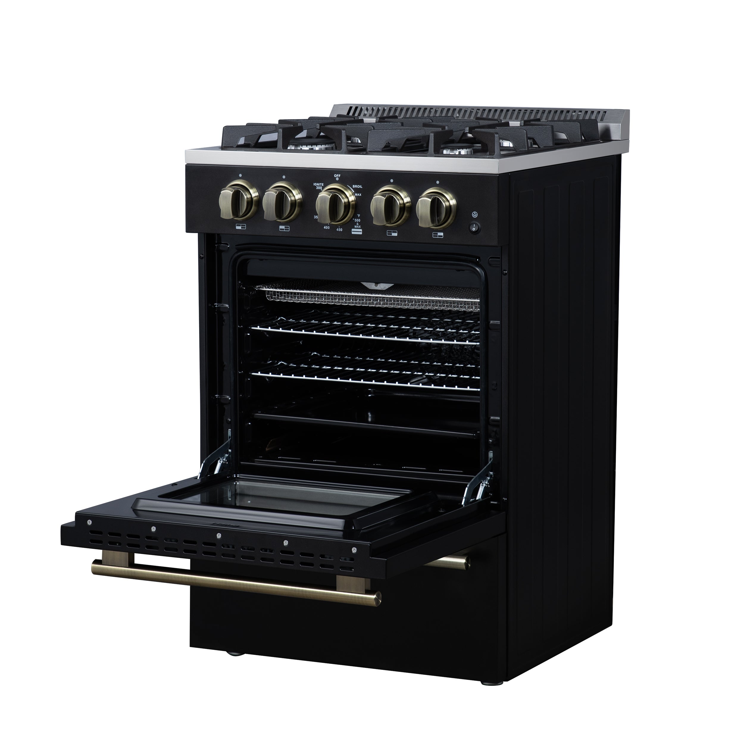 Forno Breno 24 in. 2.3 cu.ft. Black Gas Range with 4 Burners, Air Fry Kit, Storage Drawer and Antique Brass Accents | FFSGS6272-24BLK