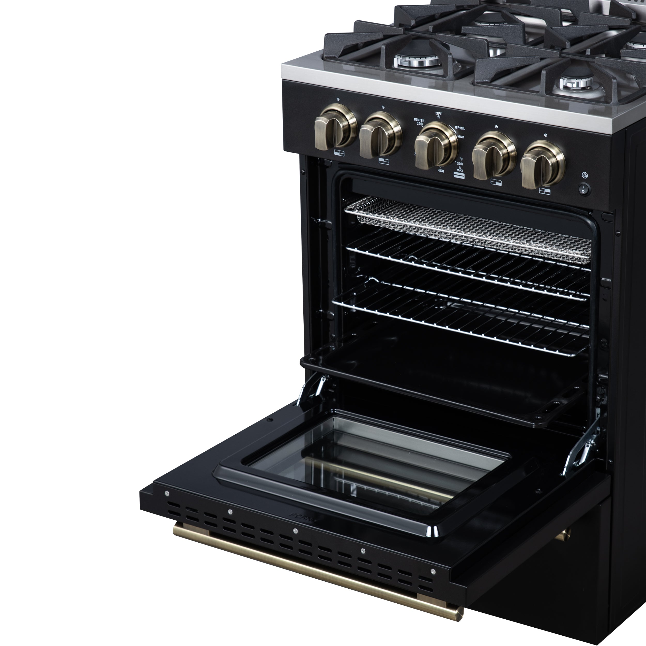Forno Breno 24 in. 2.3 cu.ft. Black Gas Range with 4 Burners, Air Fry Kit, Storage Drawer and Antique Brass Accents | FFSGS6272-24BLK