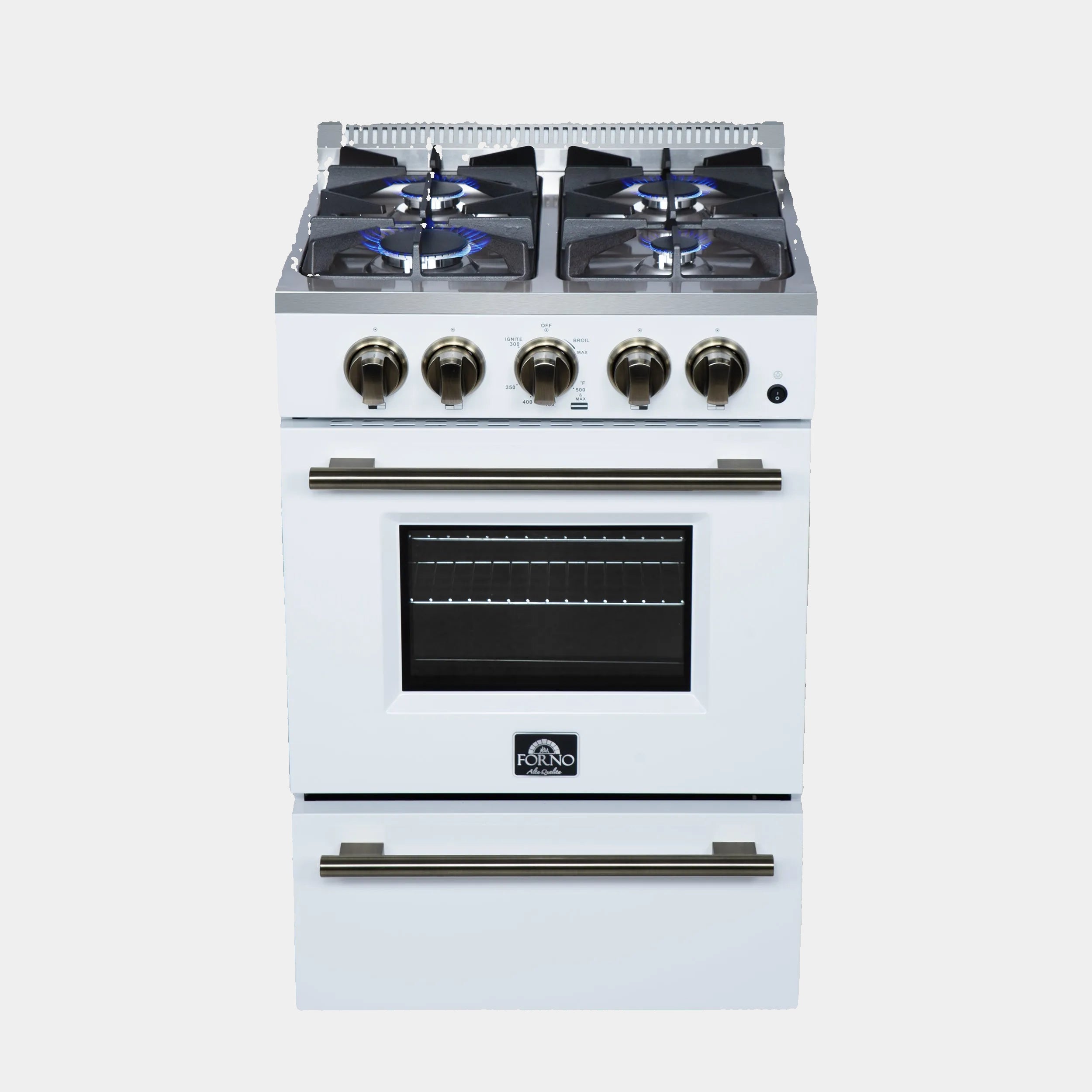 Forno Breno 24 in. 2.3 cu.ft. White Gas Range with 4 Burners, Air Fry Kit, Storage Drawer and Antique Brass Accents | FFSGS6272-24WHT