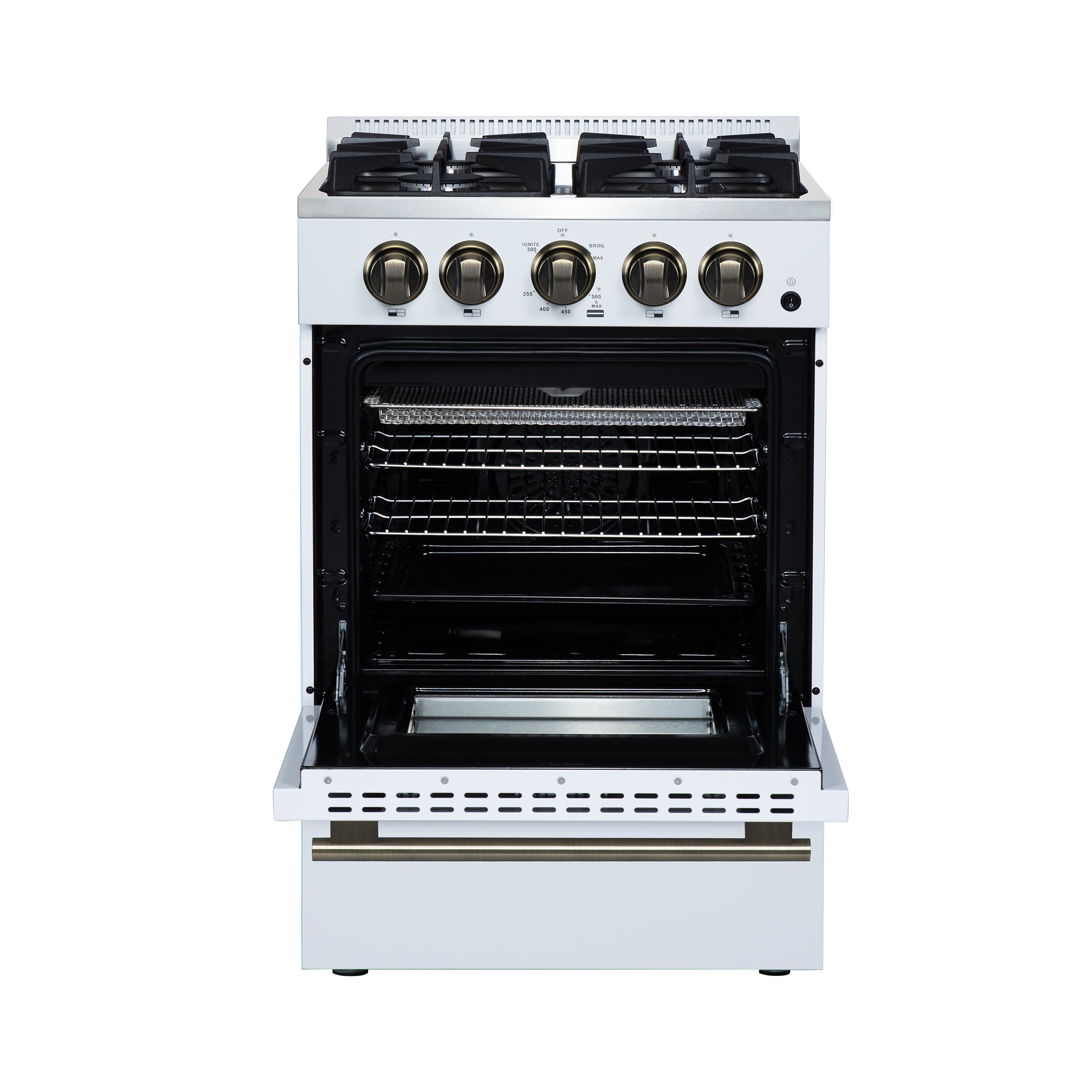Forno Breno 24 in. 2.3 cu.ft. White Gas Range with 4 Burners, Air Fry Kit, Storage Drawer and Antique Brass Accents | FFSGS6272-24WHT