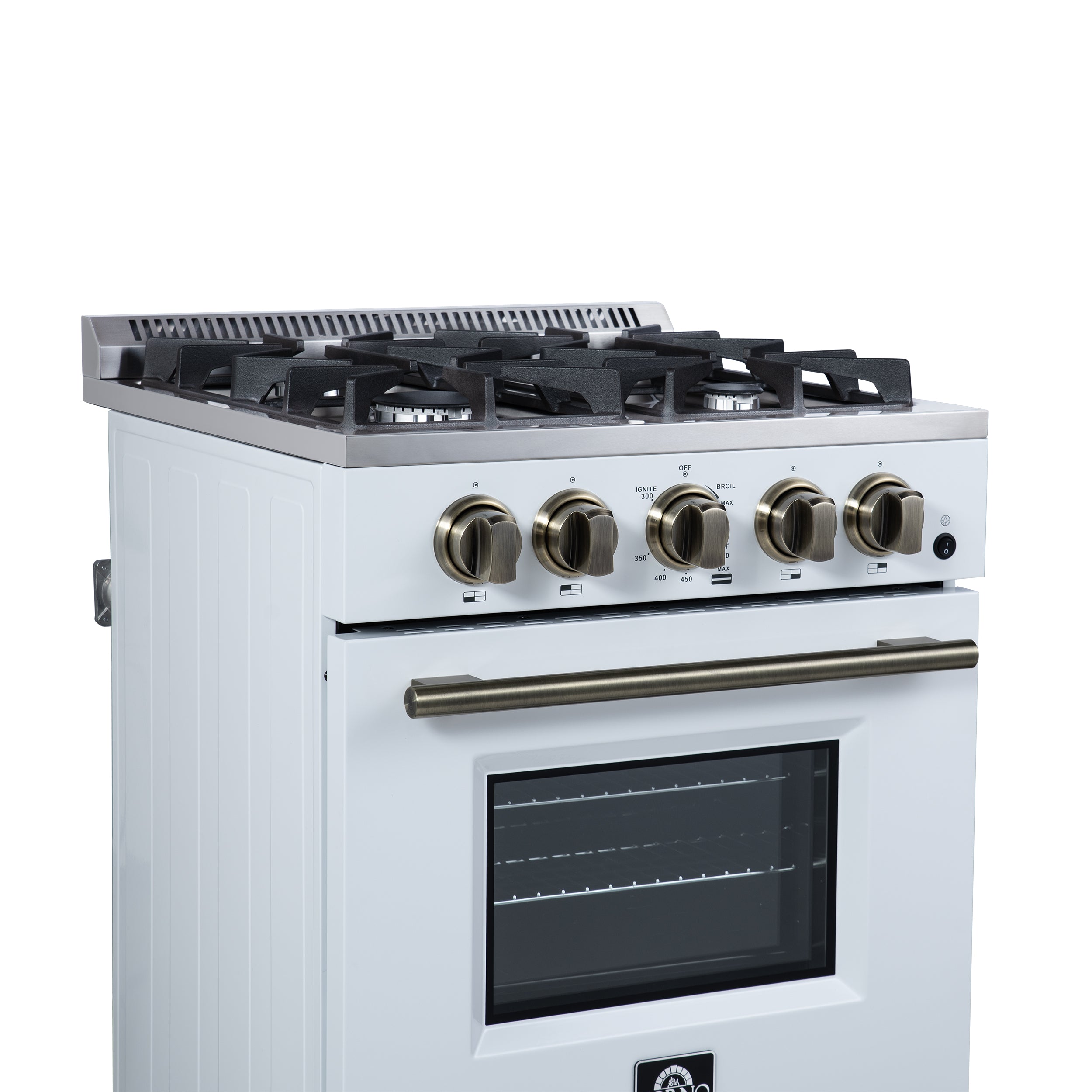Forno Breno 24 in. 2.3 cu.ft. White Gas Range with 4 Burners, Air Fry Kit, Storage Drawer and Antique Brass Accents | FFSGS6272-24WHT