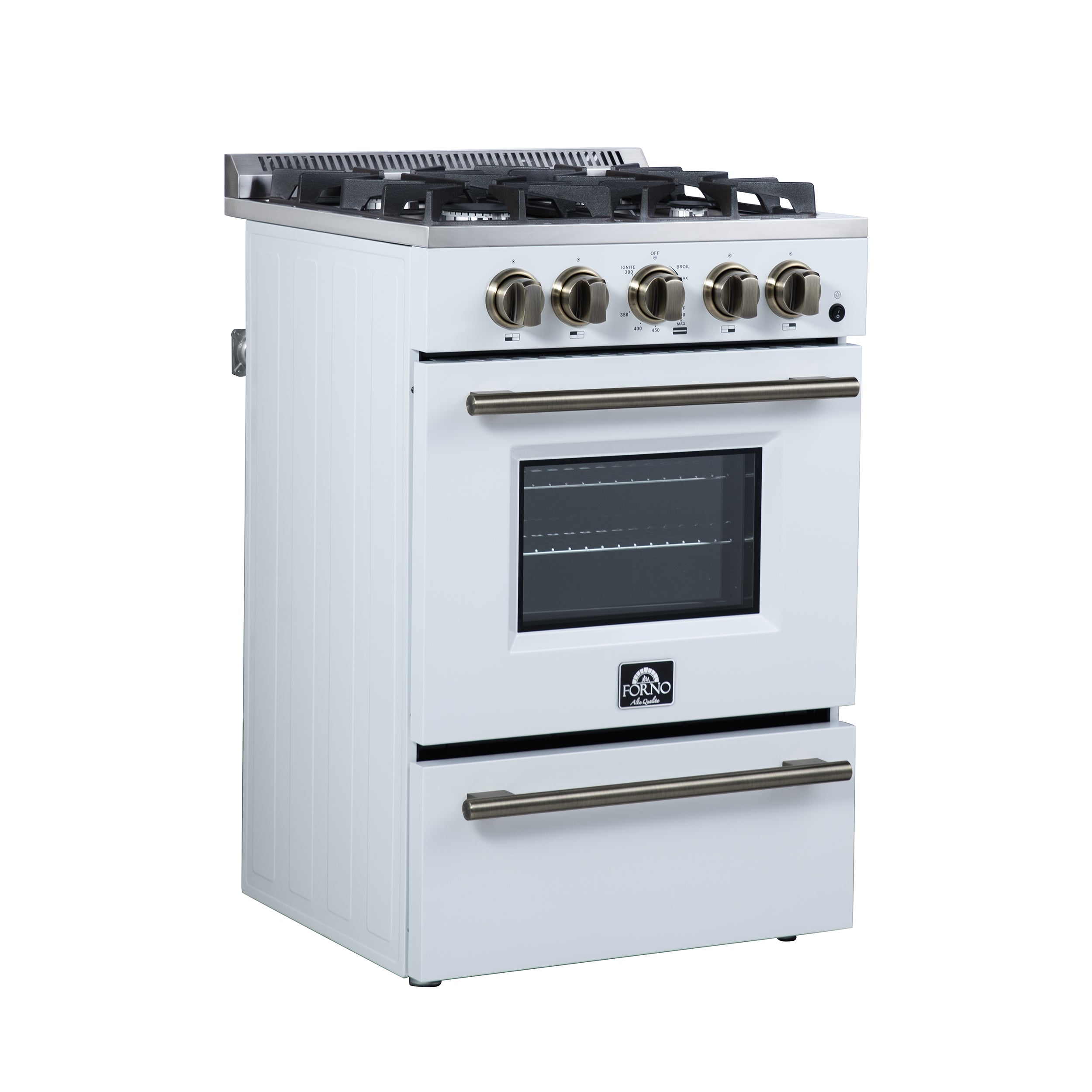 Forno Breno 24 in. 2.3 cu.ft. White Gas Range with 4 Burners, Air Fry Kit, Storage Drawer and Antique Brass Accents | FFSGS6272-24WHT