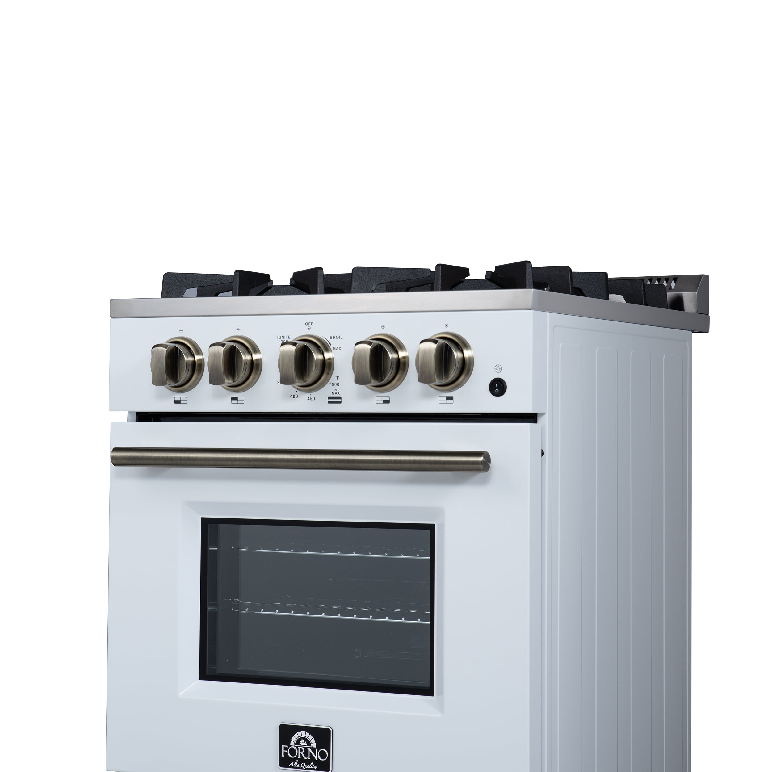 Forno Breno 24 in. 2.3 cu.ft. White Gas Range with 4 Burners, Air Fry Kit, Storage Drawer and Antique Brass Accents | FFSGS6272-24WHT