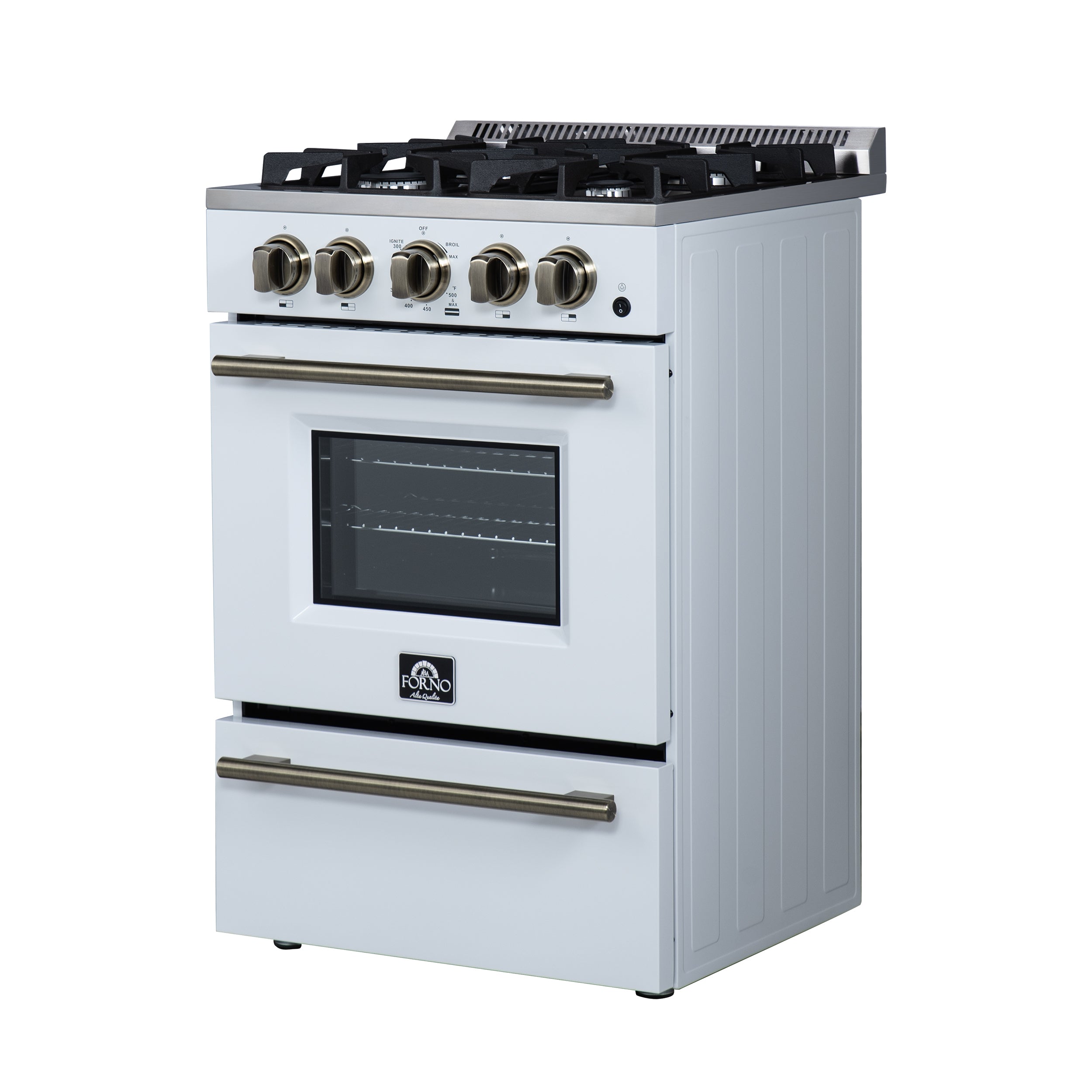 Forno Breno 24 in. 2.3 cu.ft. White Gas Range with 4 Burners, Air Fry Kit, Storage Drawer and Antique Brass Accents | FFSGS6272-24WHT