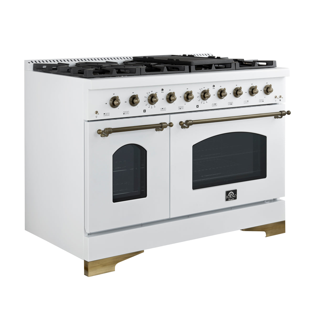 Forno Antico 48 in. 5.5 cu. ft. 8-Burner White Gas Range with Antique Brass Accents | FFSGS6219-48WHT