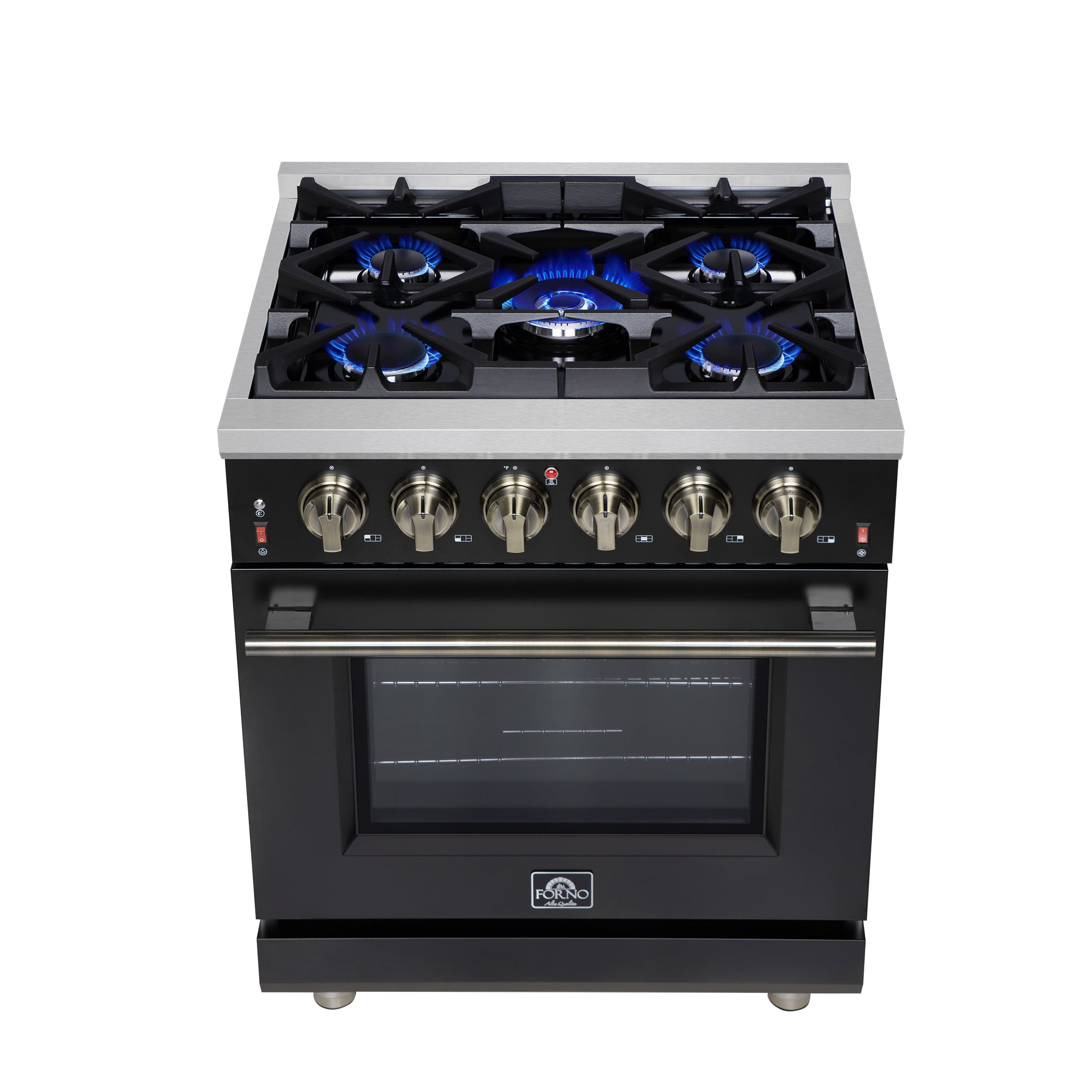 Forno Massimo 30 in. 4.32 cu. ft. 5-Burner Black Gas Range with Antique Brass Accents | FFSGS6239-30BLK