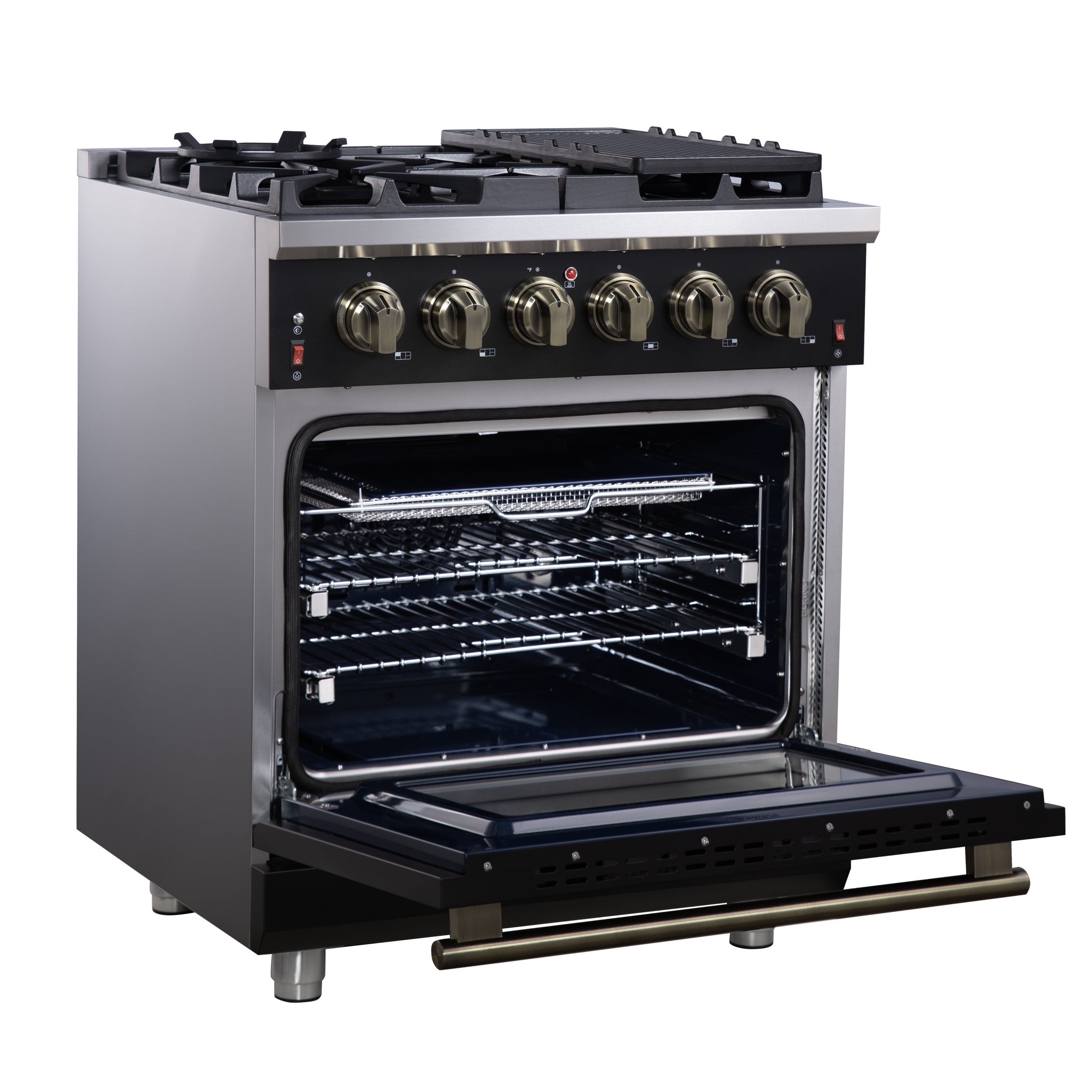 Forno Massimo 30 in. 4.32 cu. ft. 5-Burner Black Gas Range with Antique Brass Accents | FFSGS6239-30BLK