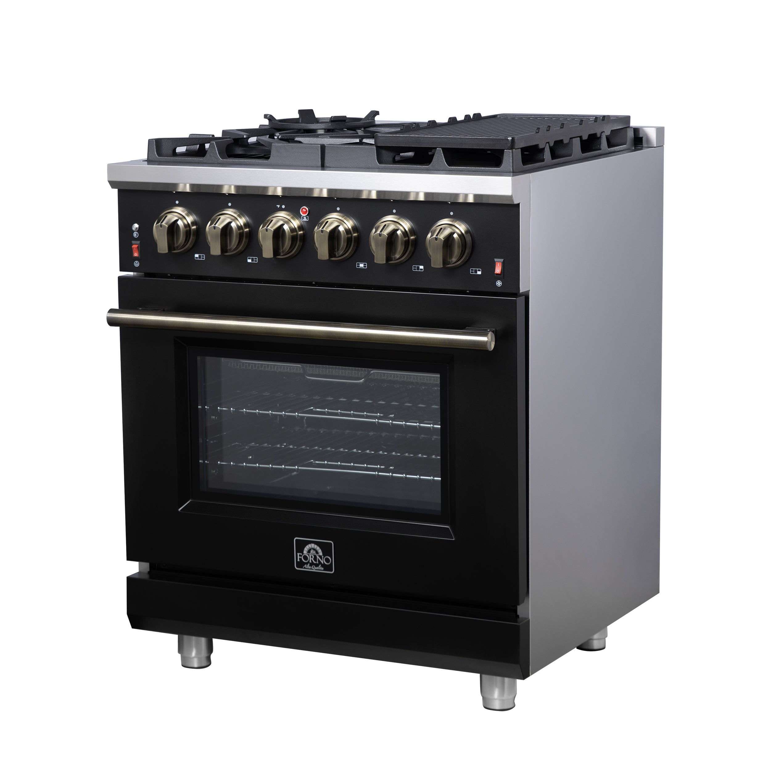 Forno Massimo 30 in. 4.32 cu. ft. 5-Burner Black Gas Range with Antique Brass Accents | FFSGS6239-30BLK