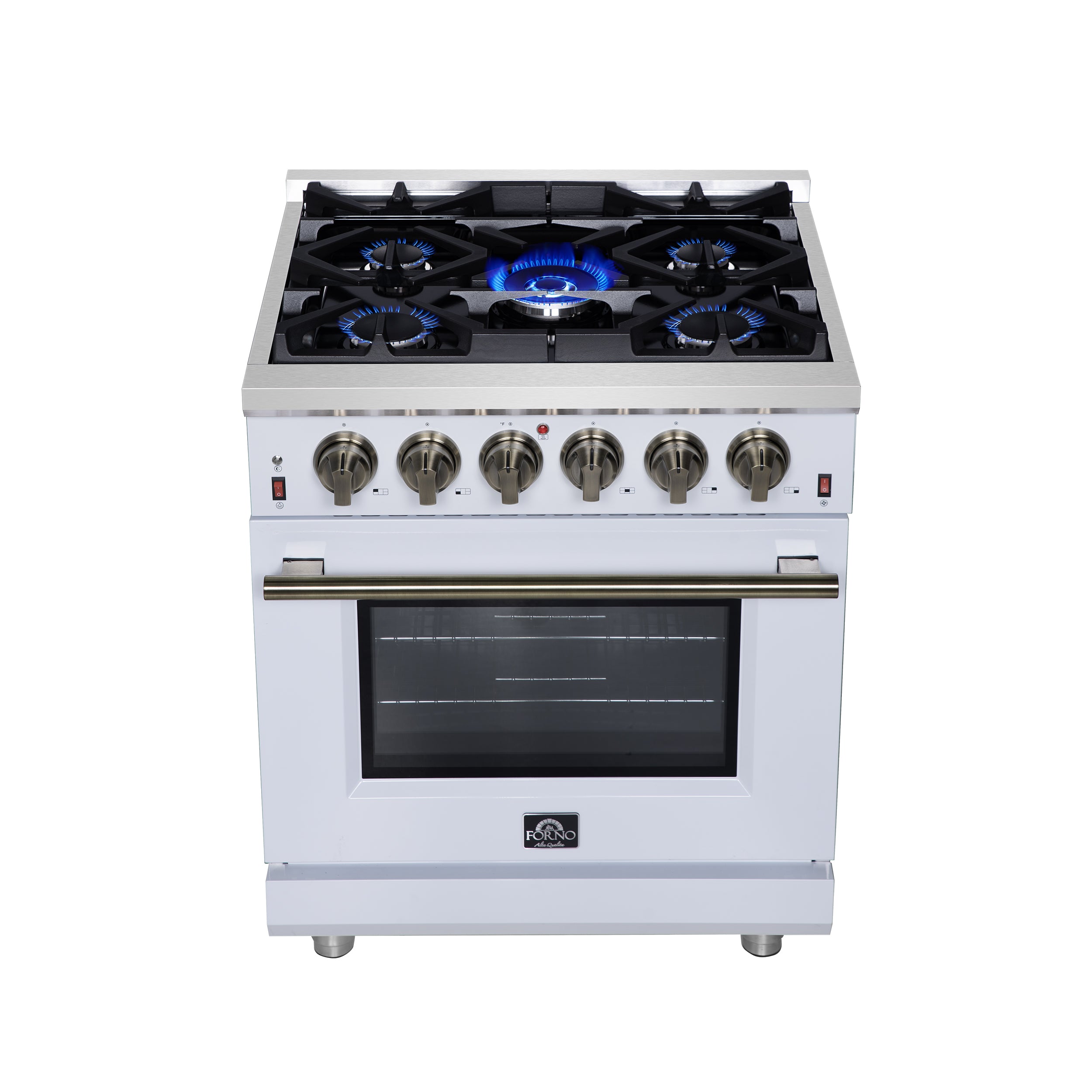 Forno Massimo 30 in. 4.32 cu. ft. 5-Burner White Gas Range with Antique Brass Accents | FFSGS6239-30WHT