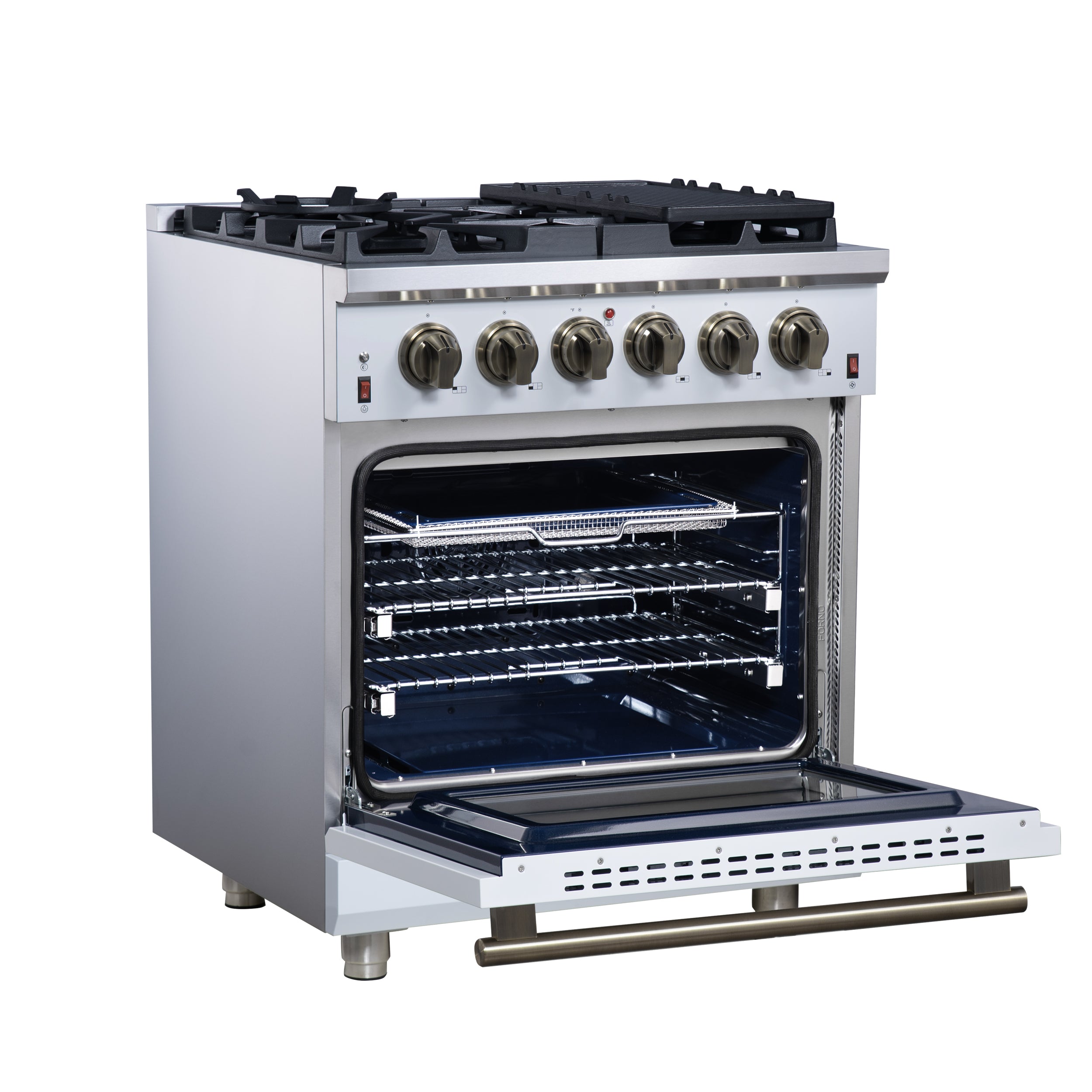 Forno Massimo 30 in. 4.32 cu. ft. 5-Burner White Gas Range with Antique Brass Accents | FFSGS6239-30WHT