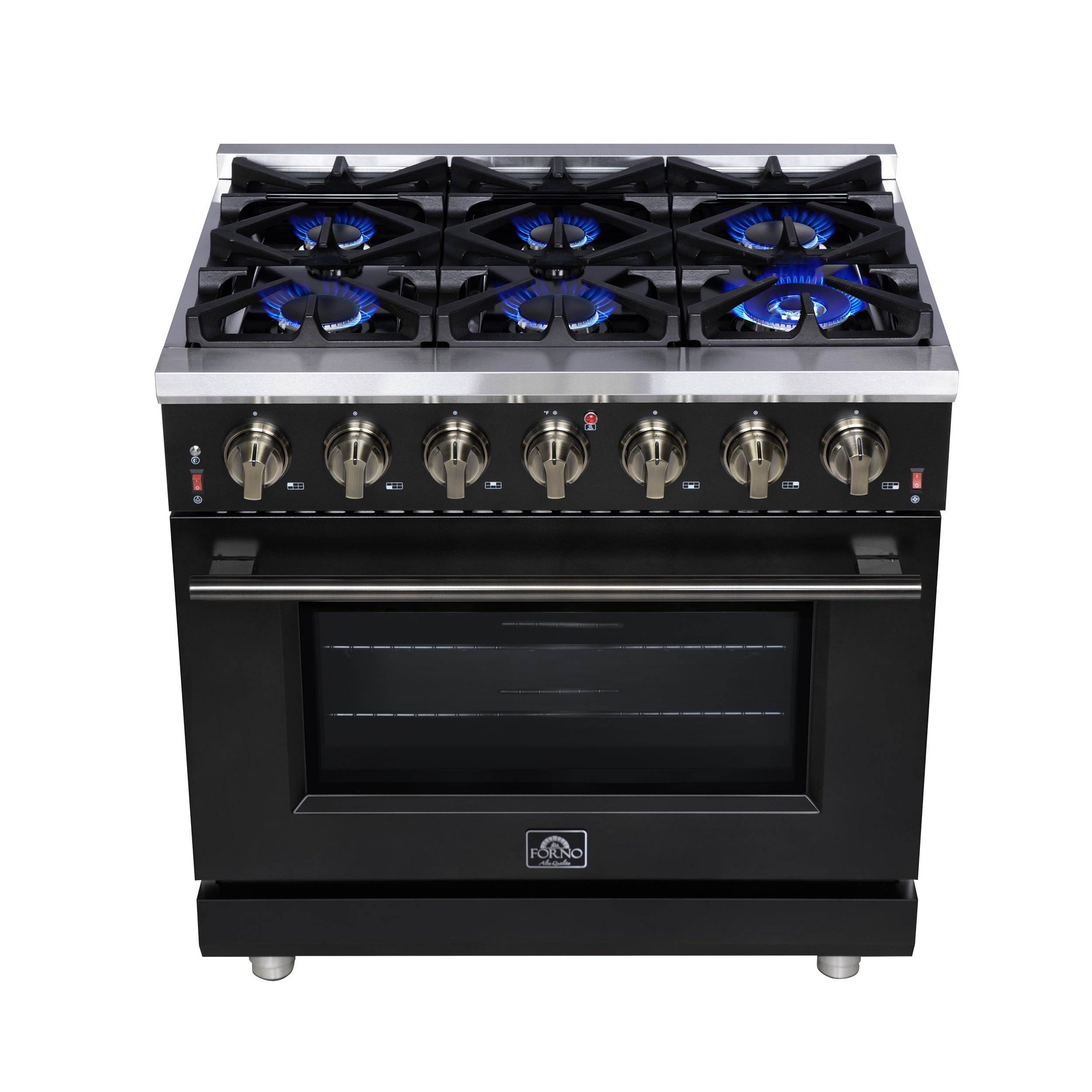 Forno Massimo 36 in. 5.36 cu. ft. 6-Burner Black Gas Range with Antique Brass Accents | FFSGS6239-36BLK