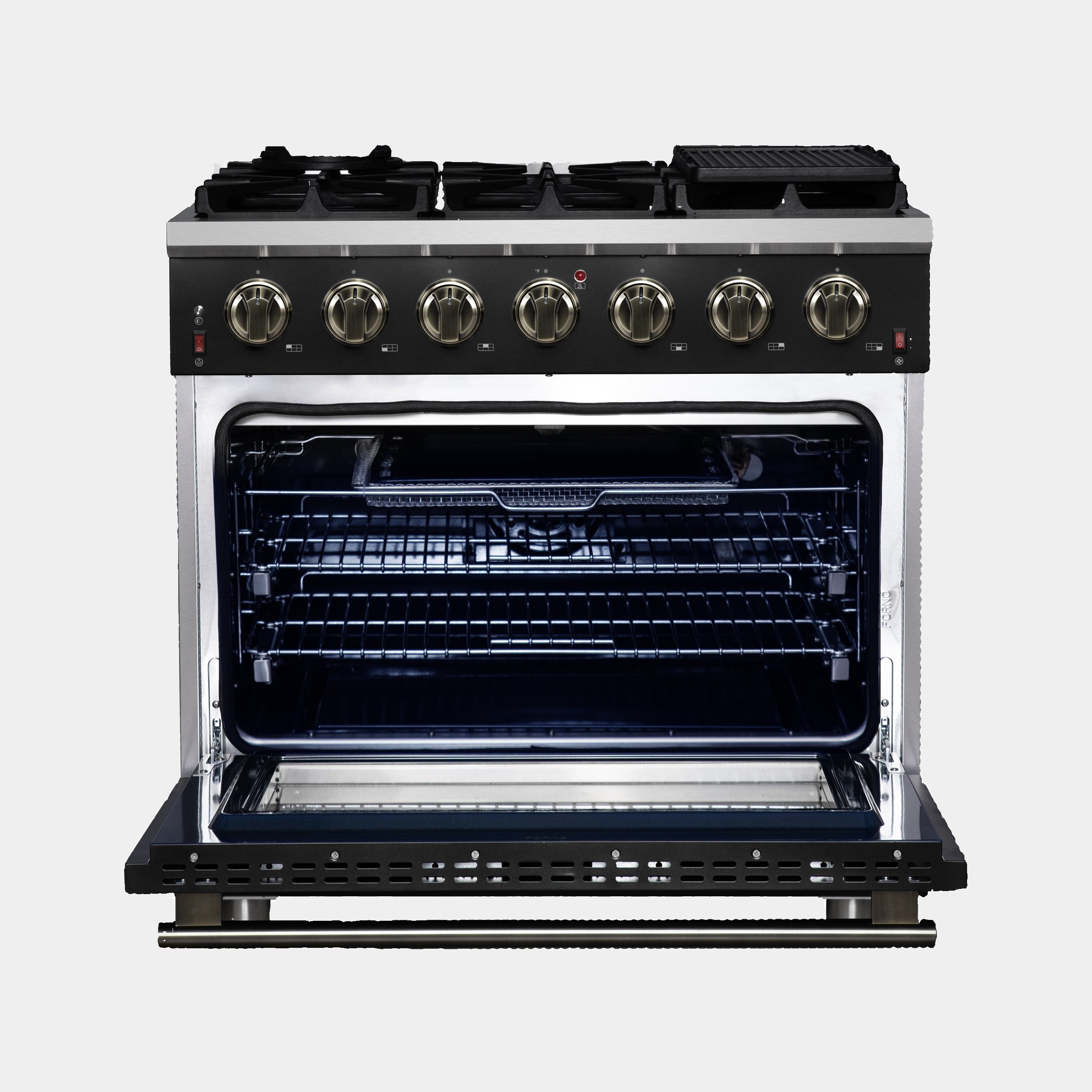 Forno Massimo 36 in. 5.36 cu. ft. 6-Burner Black Gas Range with Antique Brass Accents | FFSGS6239-36BLK