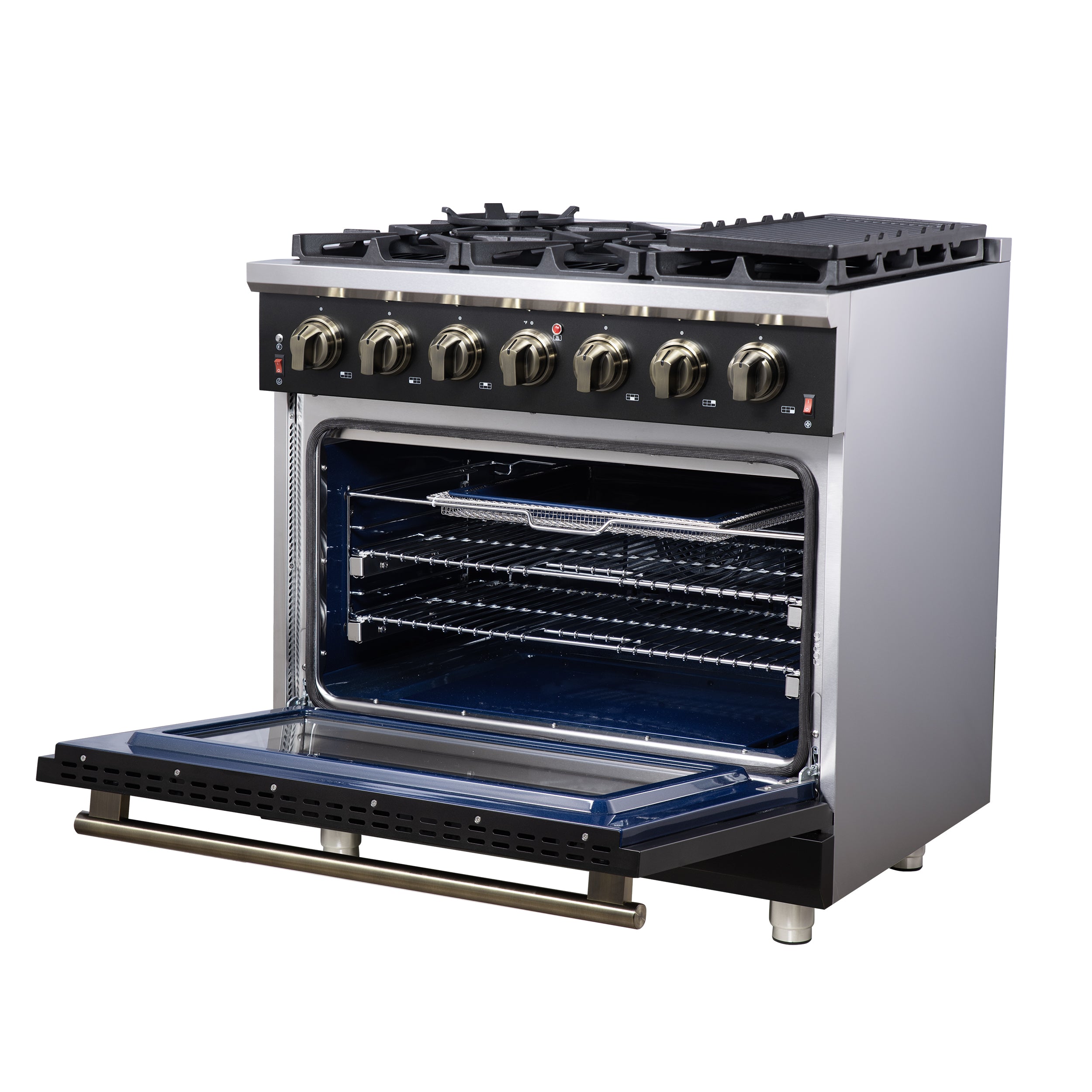 Forno Massimo 36 in. 5.36 cu. ft. 6-Burner Black Gas Range with Antique Brass Accents | FFSGS6239-36BLK
