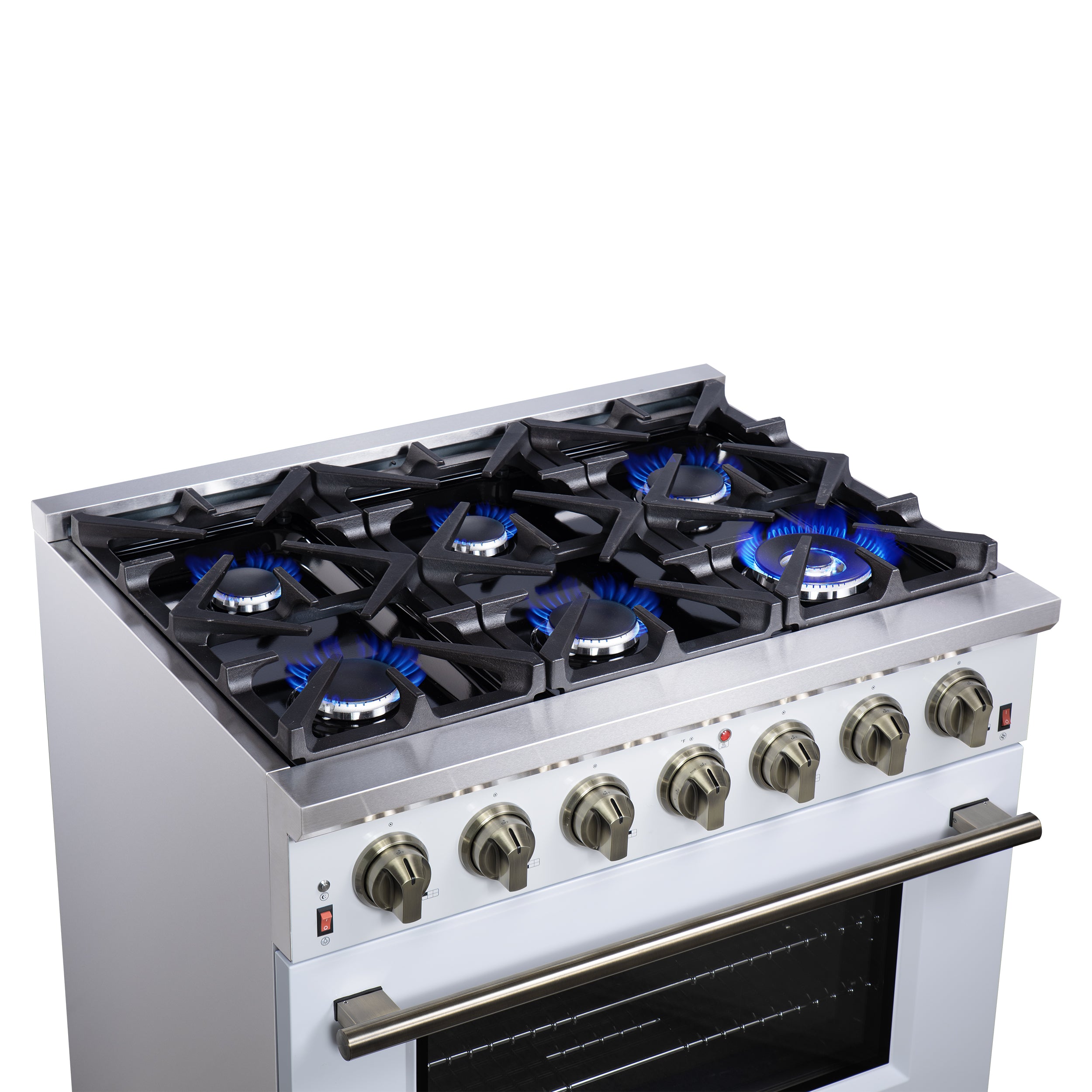 Forno Massimo 36 in. 5.36 cu. ft. 6-Burner White Gas Range with Antique Brass Accents | FFSGS6239-36WHT