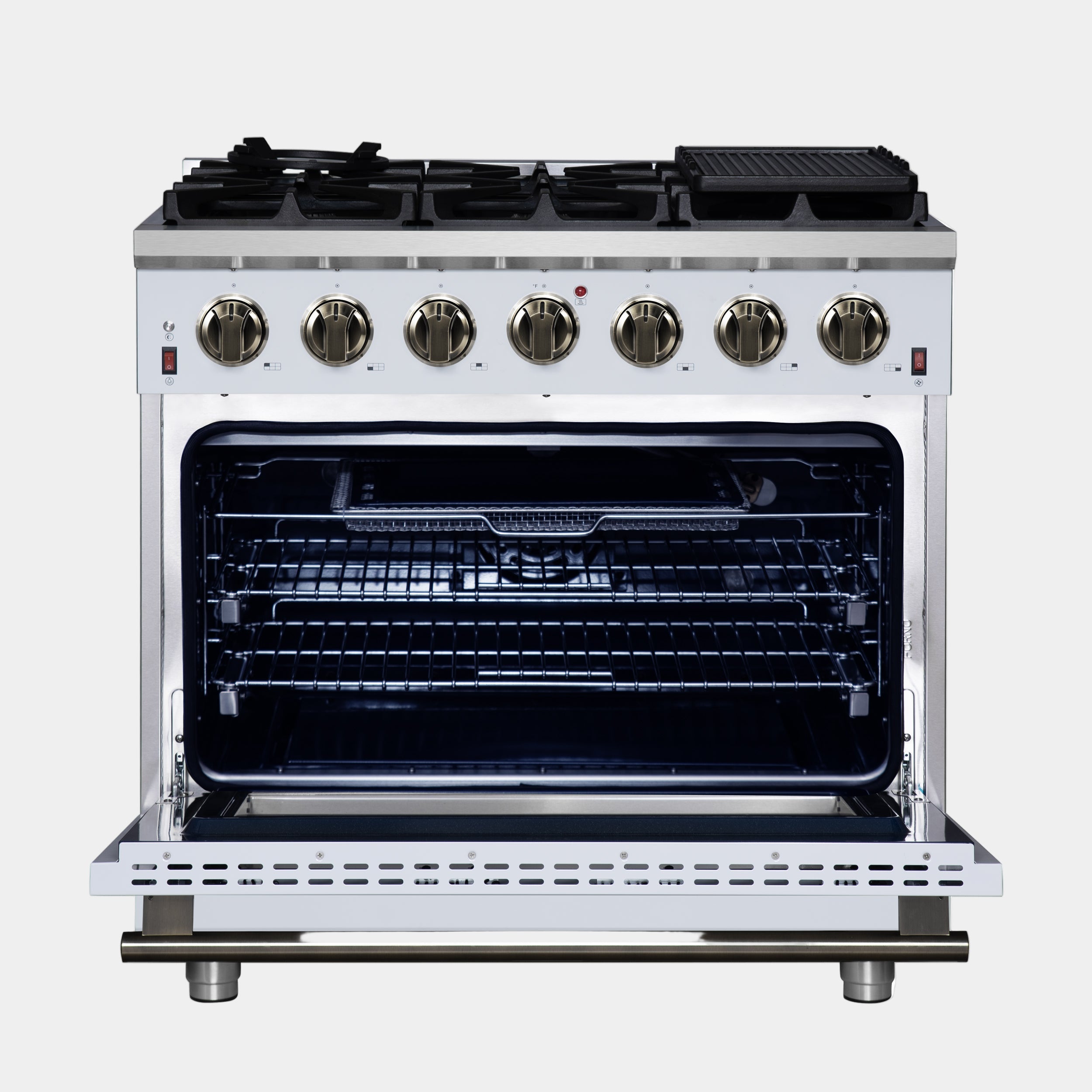 Forno Massimo 36 in. 5.36 cu. ft. 6-Burner White Gas Range with Antique Brass Accents | FFSGS6239-36WHT