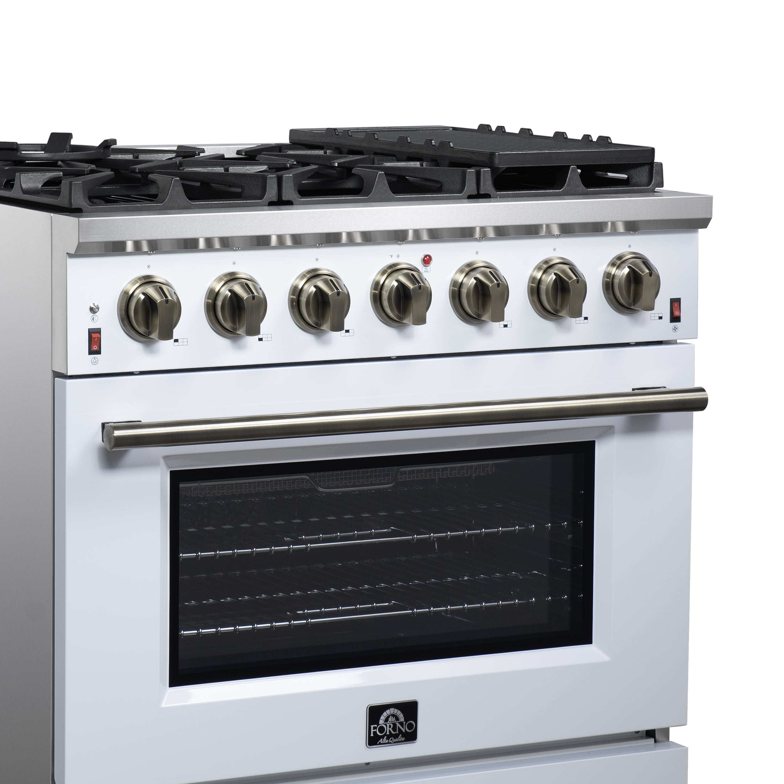 Forno Massimo 36 in. 5.36 cu. ft. 6-Burner White Gas Range with Antique Brass Accents | FFSGS6239-36WHT