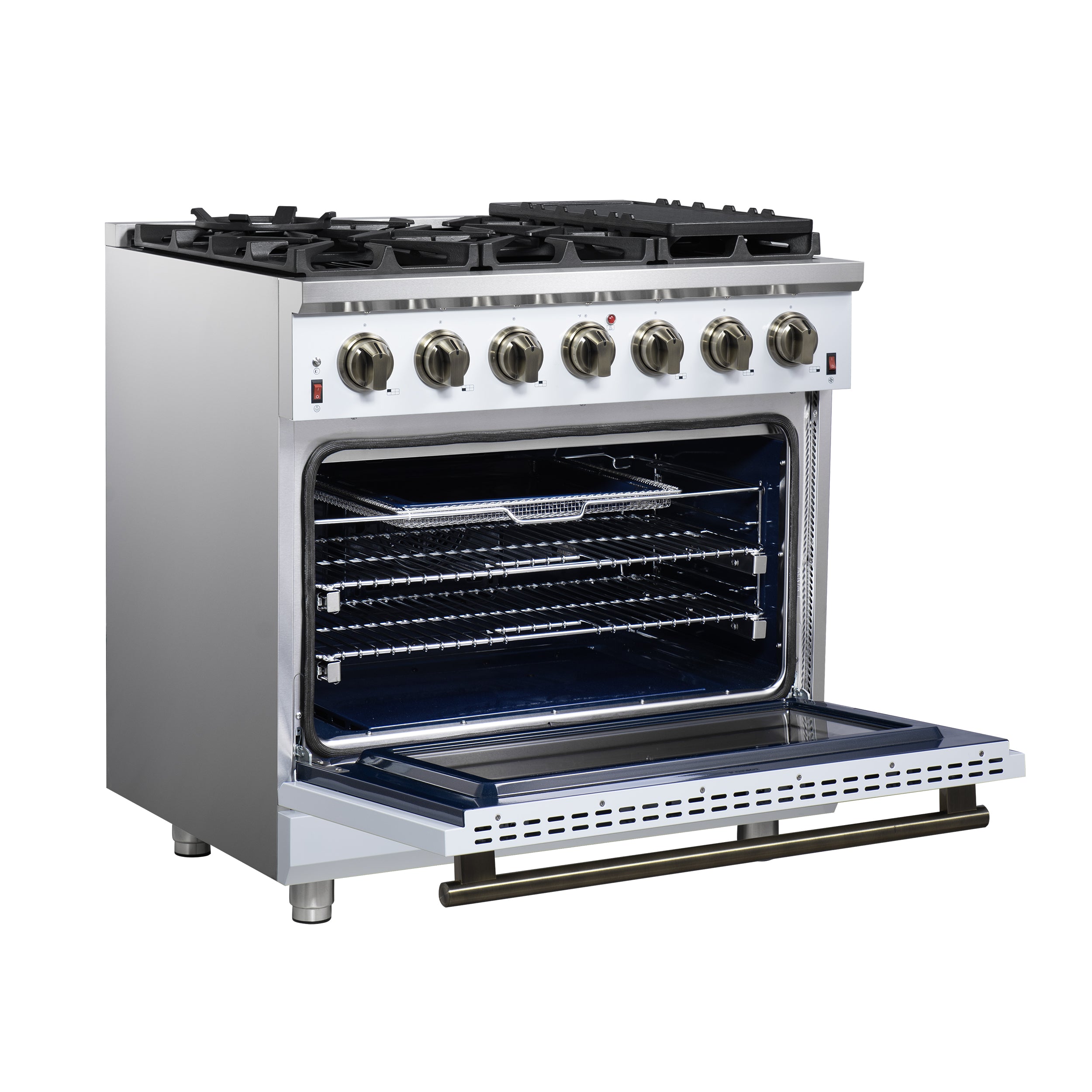 Forno Massimo 36 in. 5.36 cu. ft. 6-Burner White Gas Range with Antique Brass Accents | FFSGS6239-36WHT
