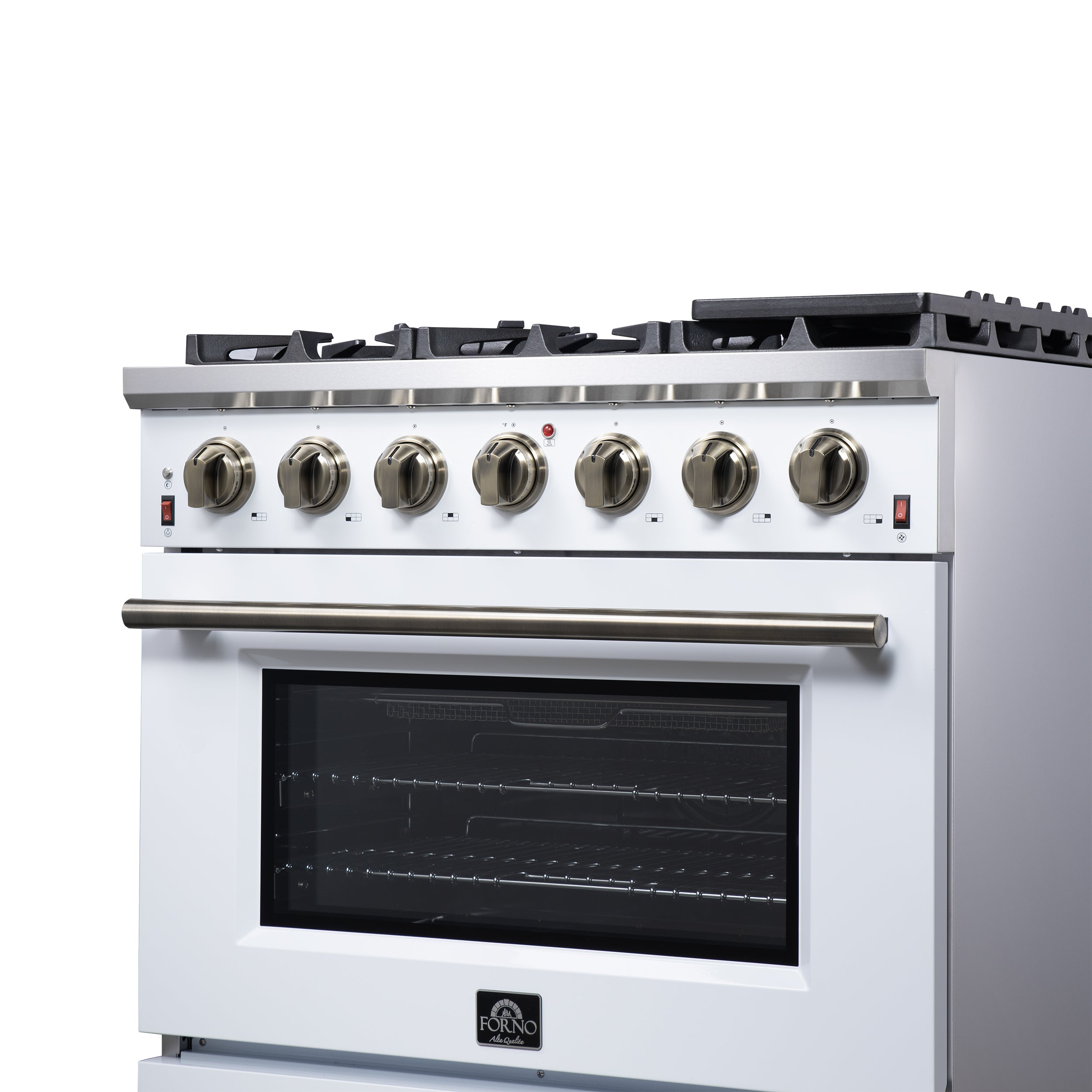 Forno Massimo 36 in. 5.36 cu. ft. 6-Burner White Gas Range with Antique Brass Accents | FFSGS6239-36WHT