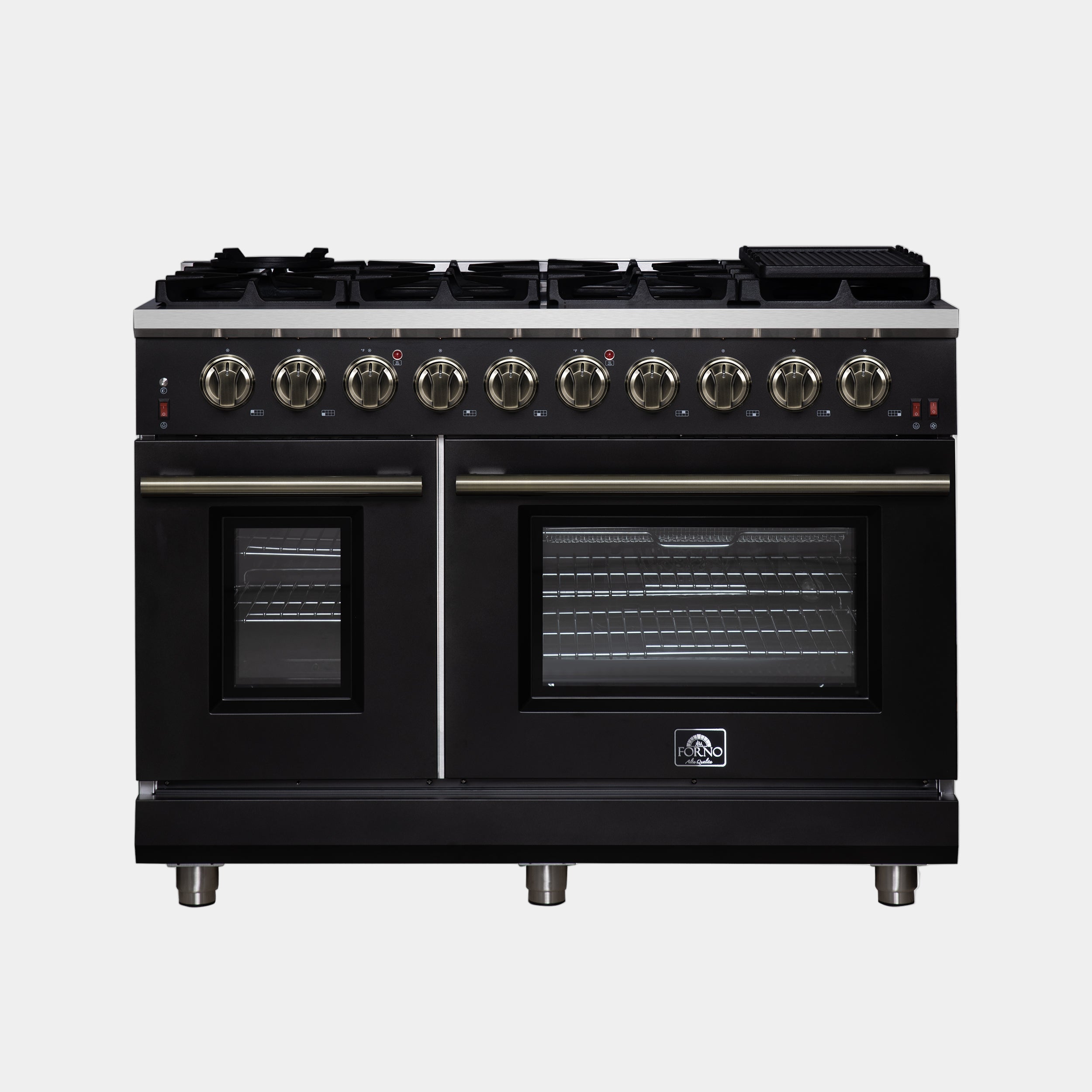 Forno Massimo 48 in. 6.58 cu. ft. 8-Burner Black Gas Range with Antique Brass Accents | FFSGS6239-48BLK