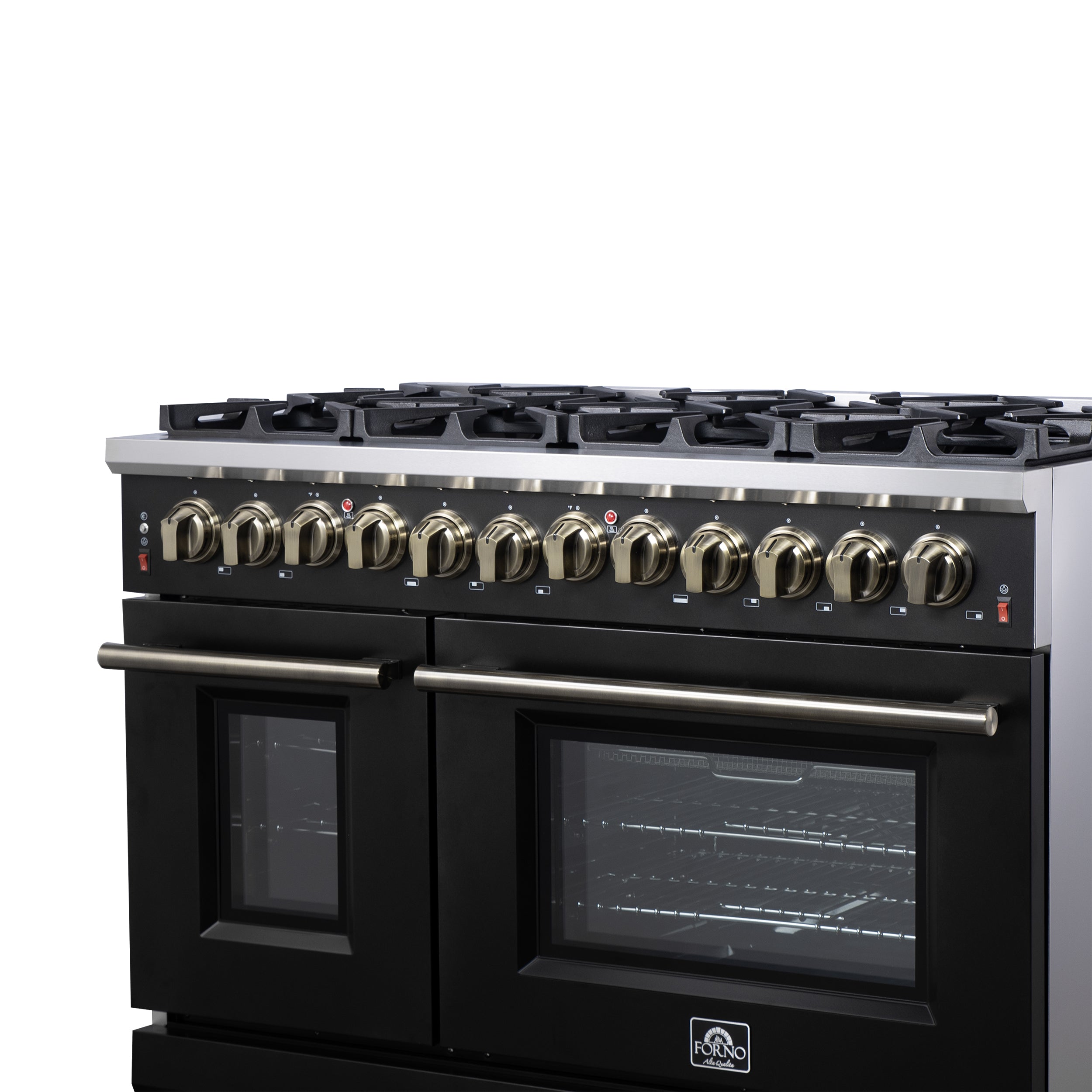 Forno Massimo 48 in. 6.58 cu. ft. 8-Burner Black Gas Range with Antique Brass Accents | FFSGS6239-48BLK