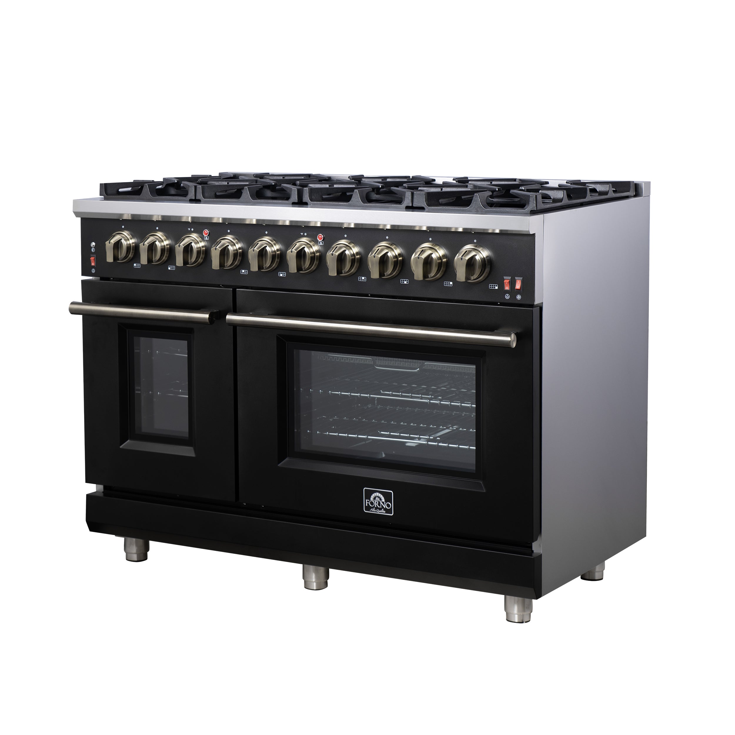 Forno Massimo 48 in. 6.58 cu. ft. 8-Burner Black Gas Range with Antique Brass Accents | FFSGS6239-48BLK