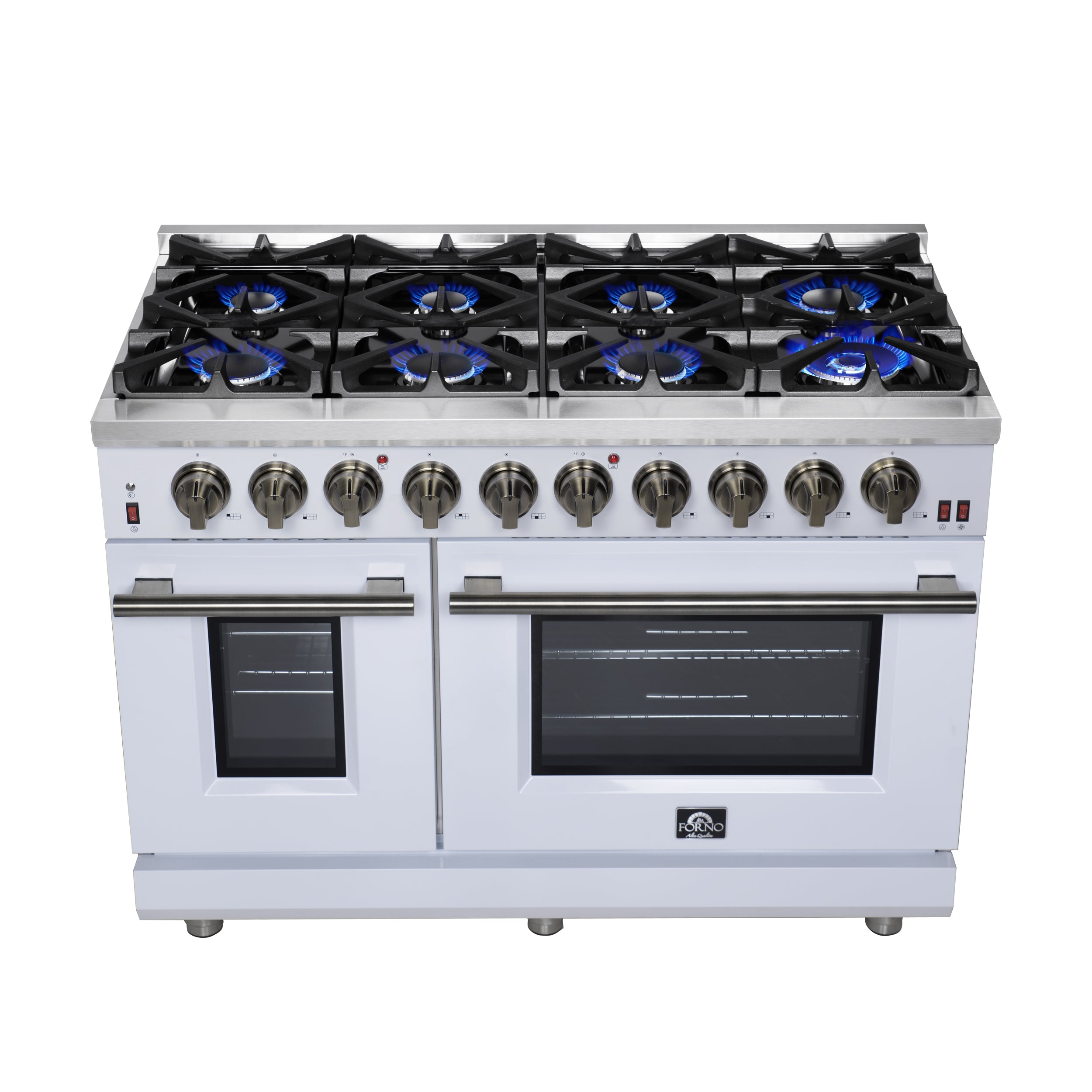 Forno Massimo 48 in. 6.58 cu. ft. 8-Burner White Gas Range with Antique Brass Accents | FFSGS6239-48WHT