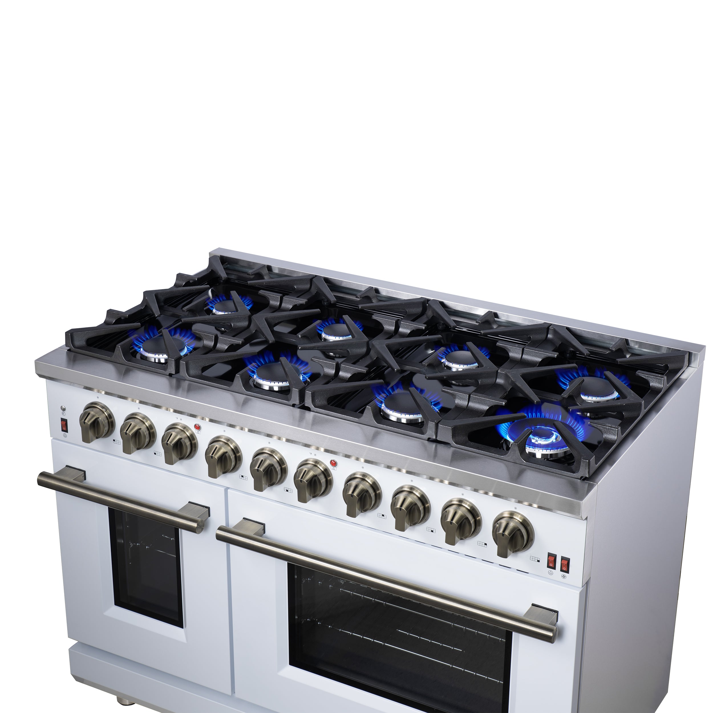 Forno Massimo 48 in. 6.58 cu. ft. 8-Burner White Gas Range with Antique Brass Accents | FFSGS6239-48WHT
