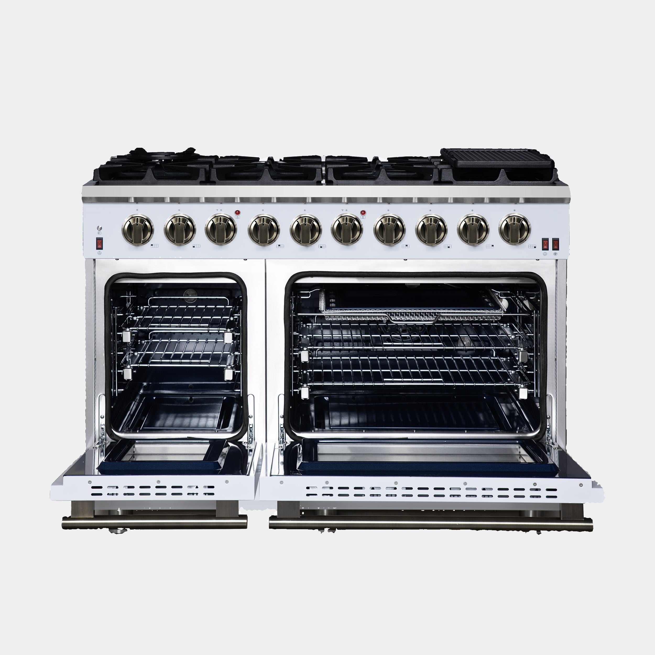 Forno Massimo 48 in. 6.58 cu. ft. 8-Burner White Gas Range with Antique Brass Accents | FFSGS6239-48WHT