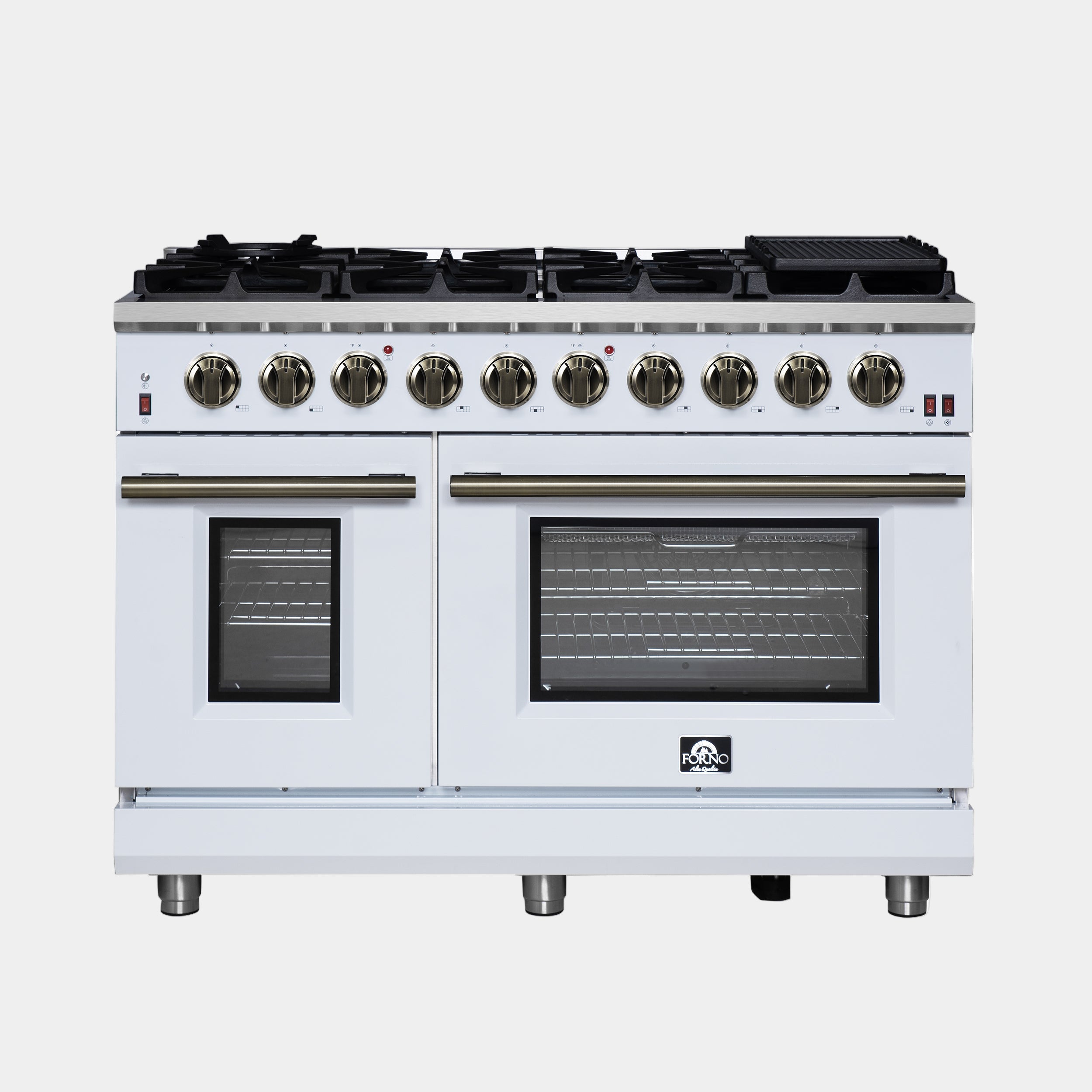 Forno Massimo 48 in. 6.58 cu. ft. 8-Burner White Gas Range with Antique Brass Accents | FFSGS6239-48WHT