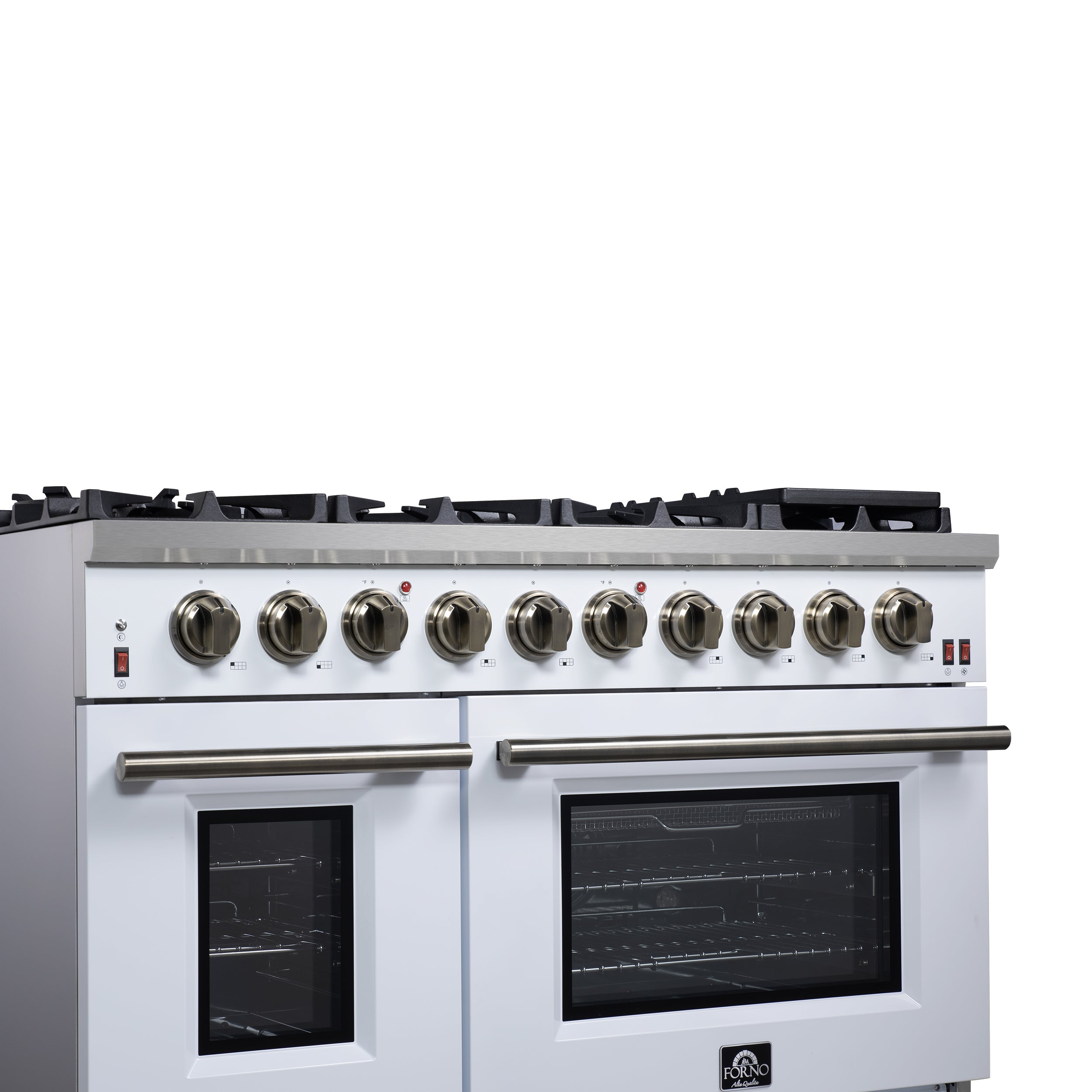 Forno Massimo 48 in. 6.58 cu. ft. 8-Burner White Gas Range with Antique Brass Accents | FFSGS6239-48WHT