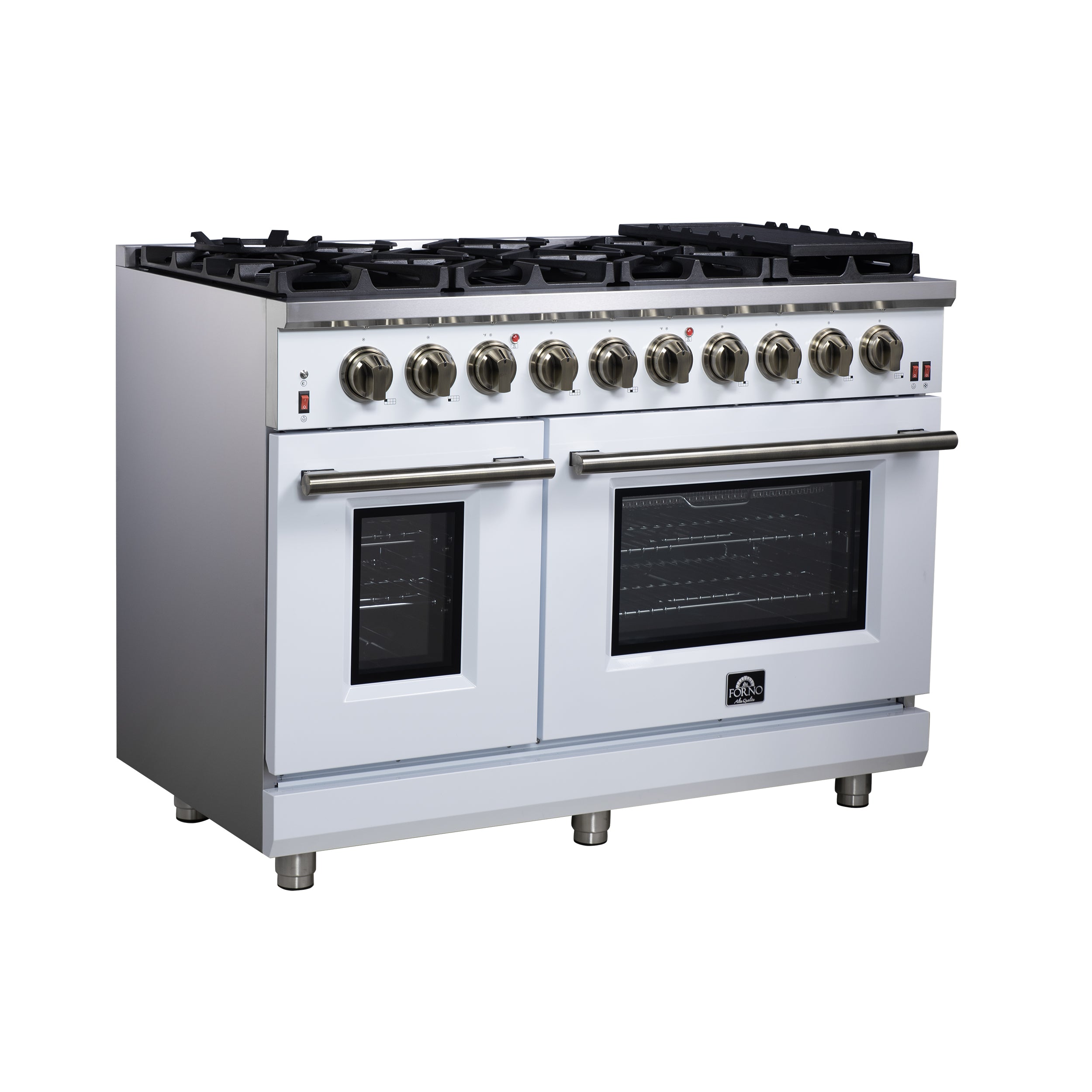Forno Massimo 48 in. 6.58 cu. ft. 8-Burner White Gas Range with Antique Brass Accents | FFSGS6239-48WHT