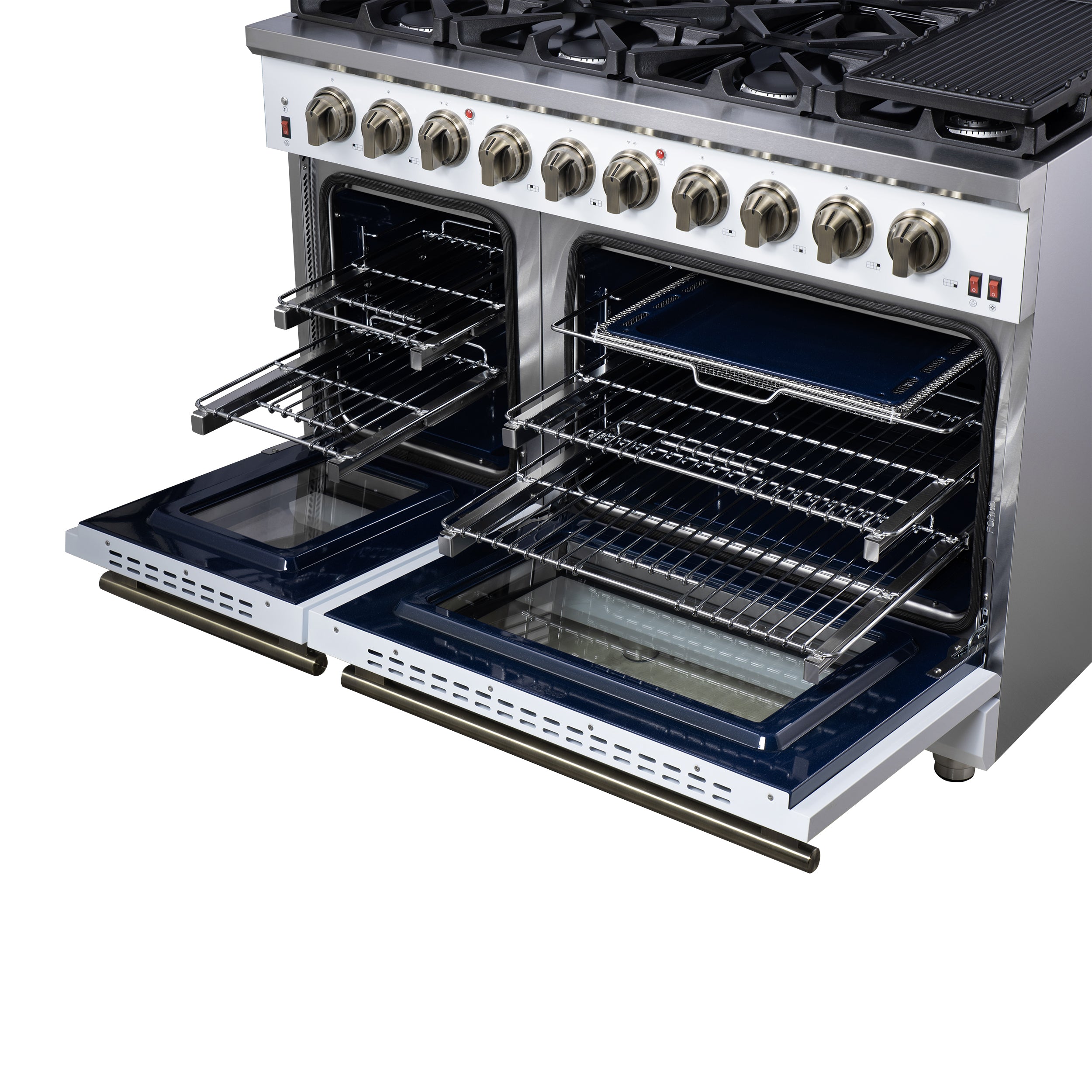 Forno Massimo 48 in. 6.58 cu. ft. 8-Burner White Gas Range with Antique Brass Accents | FFSGS6239-48WHT