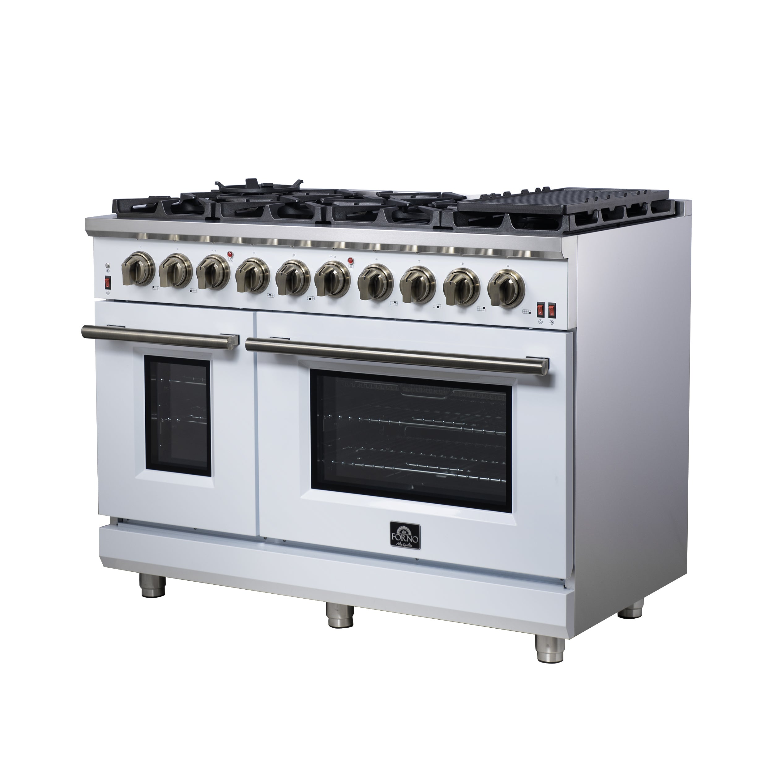 Forno Massimo 48 in. 6.58 cu. ft. 8-Burner White Gas Range with Antique Brass Accents | FFSGS6239-48WHT