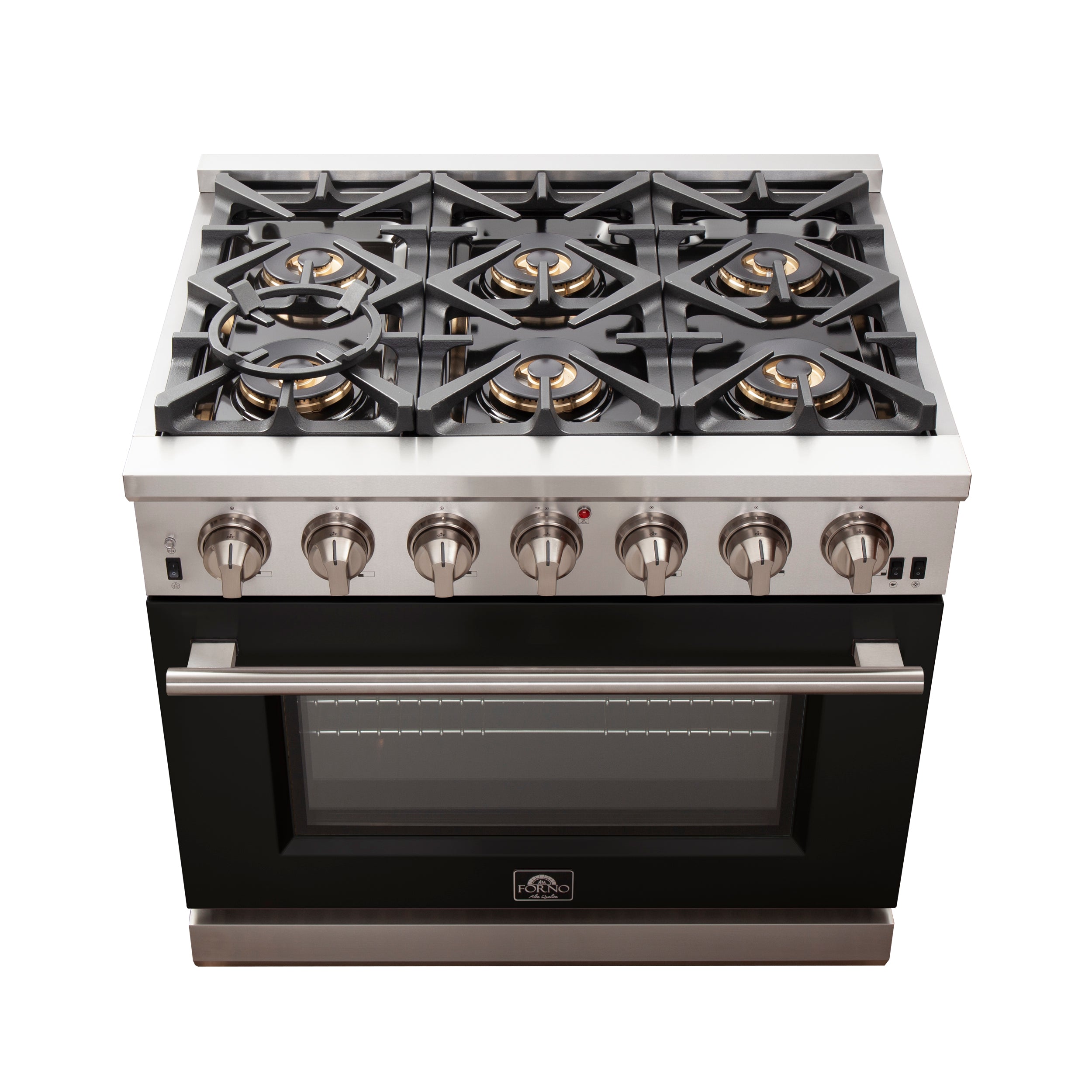 Forno Capriasca 36 In. 5.36 cu. ft. 6-burner Black Gas Range with Brass Burners | FFSGS6260-36BLK