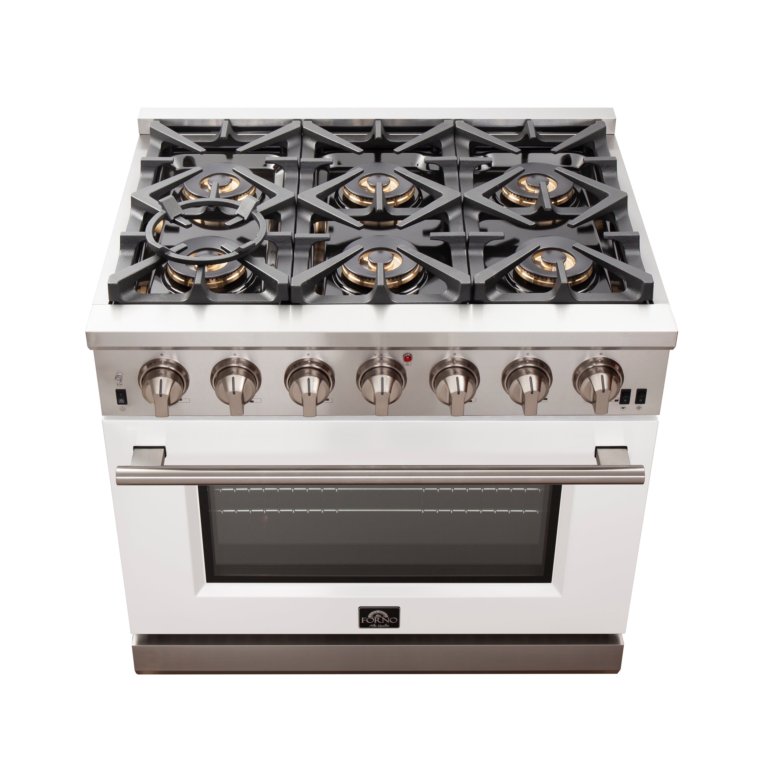 Forno Capriasca 36 In. 5.36 cu. ft. 6-burner White Gas Range with Brass Burners | FFSGS6260-36WHT