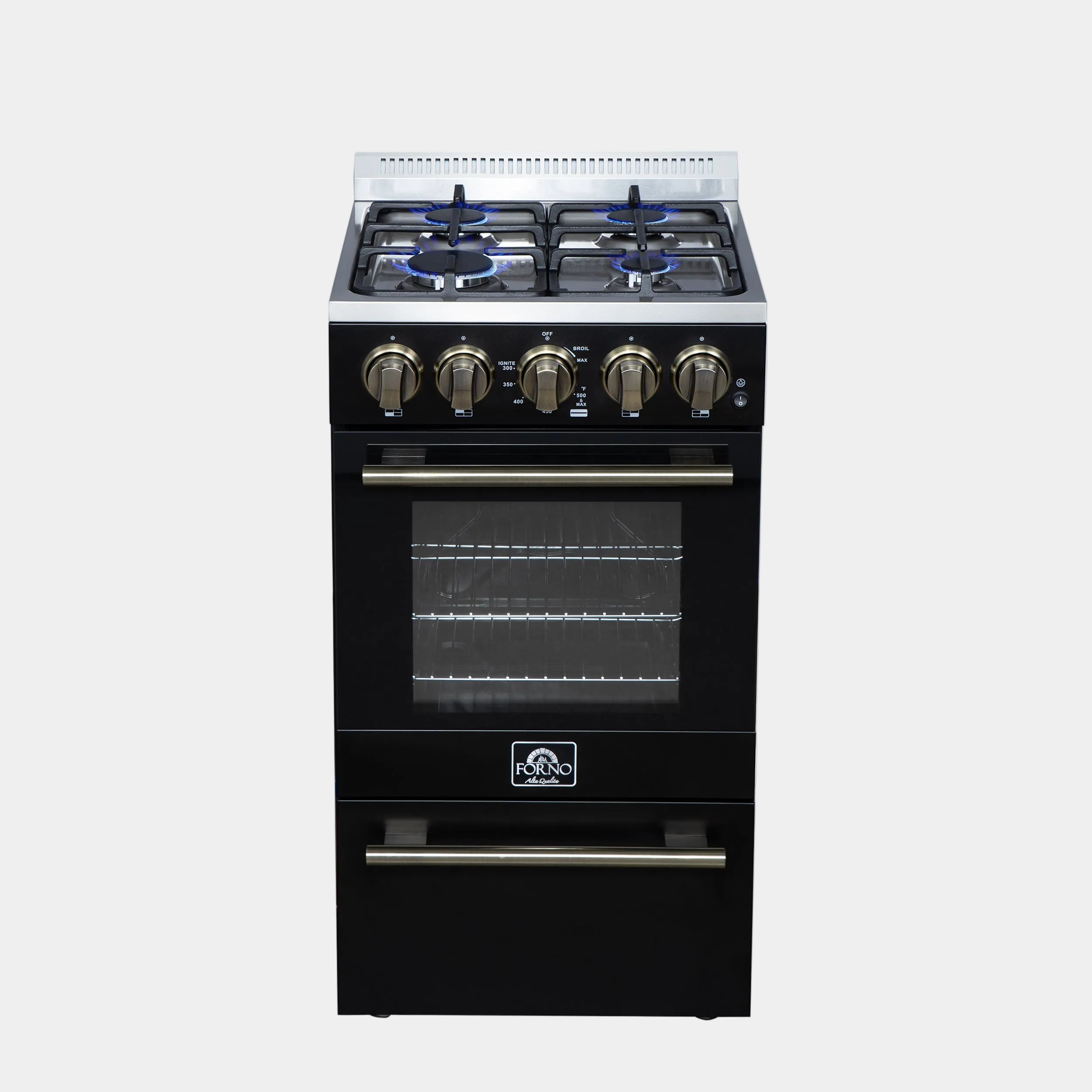 Forno Lamazze 20 in. 2.05 cu.ft. Black Gas Range with 4 Burners, Storage Drawer and Antique Brass Accents | FFSGS6265-20BLK