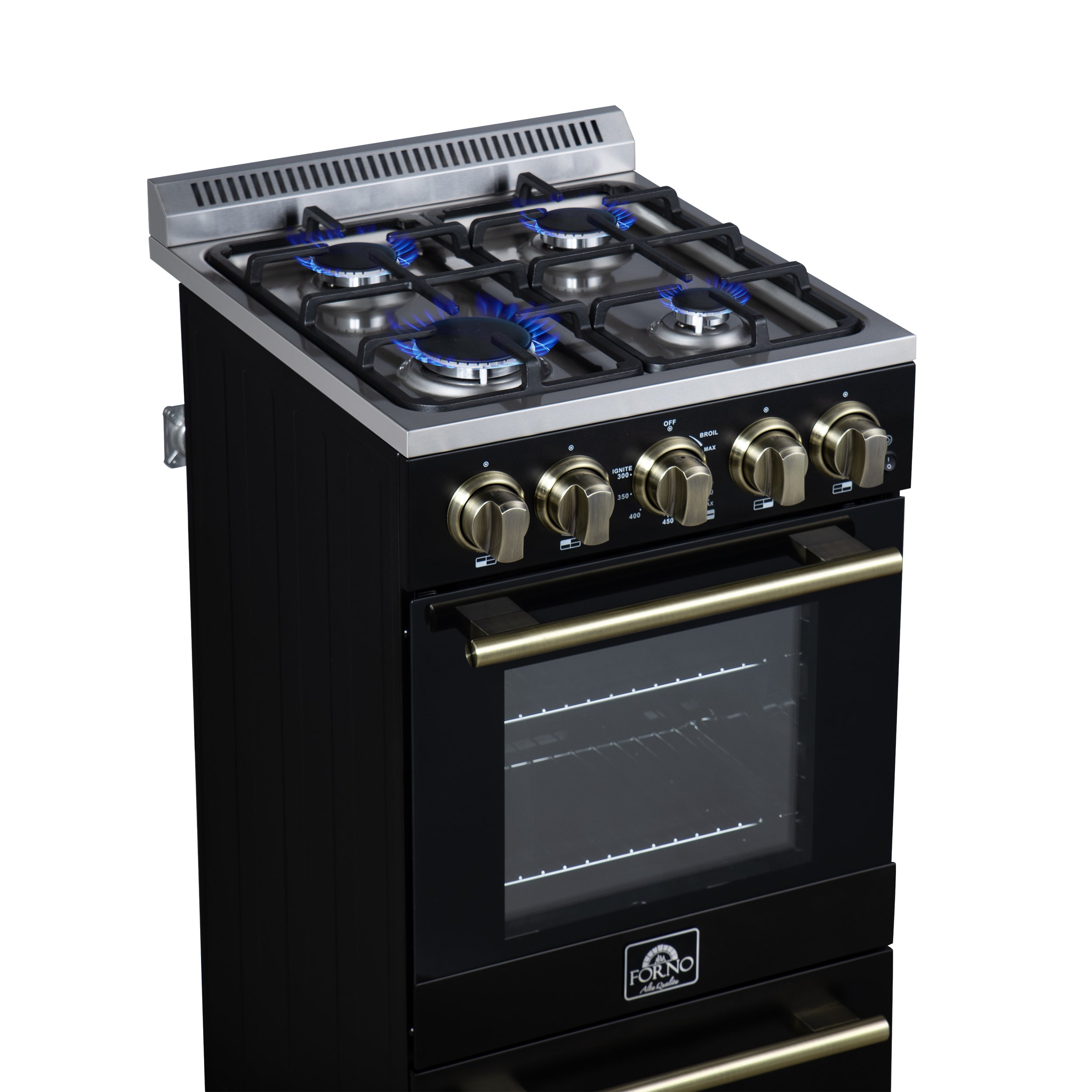 Forno Lamazze 20 in. 2.05 cu.ft. Black Gas Range with 4 Burners, Storage Drawer and Antique Brass Accents | FFSGS6265-20BLK