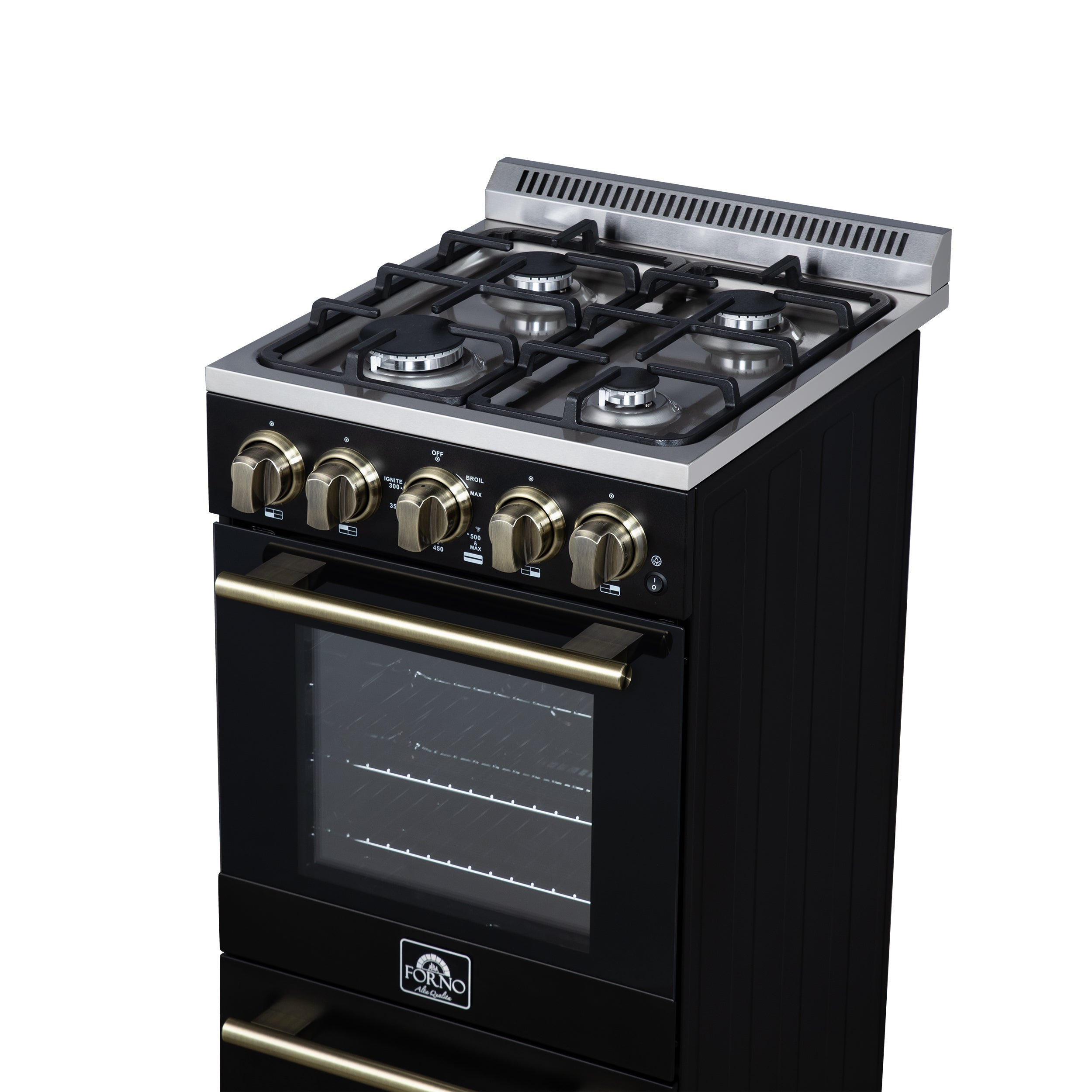 Forno Lamazze 20 in. 2.05 cu.ft. Black Gas Range with 4 Burners, Storage Drawer and Antique Brass Accents | FFSGS6265-20BLK