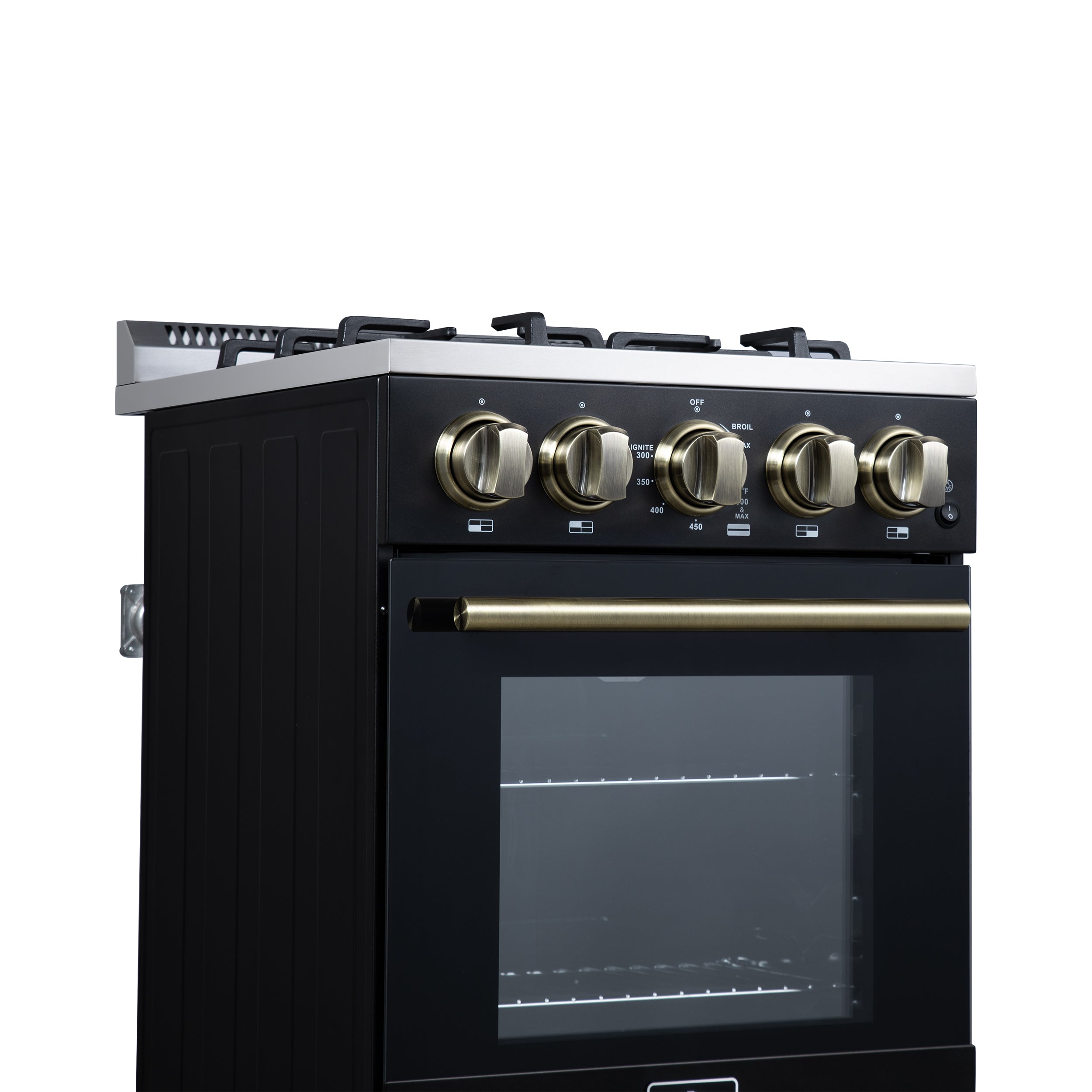 Forno Lamazze 20 in. 2.05 cu.ft. Black Gas Range with 4 Burners, Storage Drawer and Antique Brass Accents | FFSGS6265-20BLK