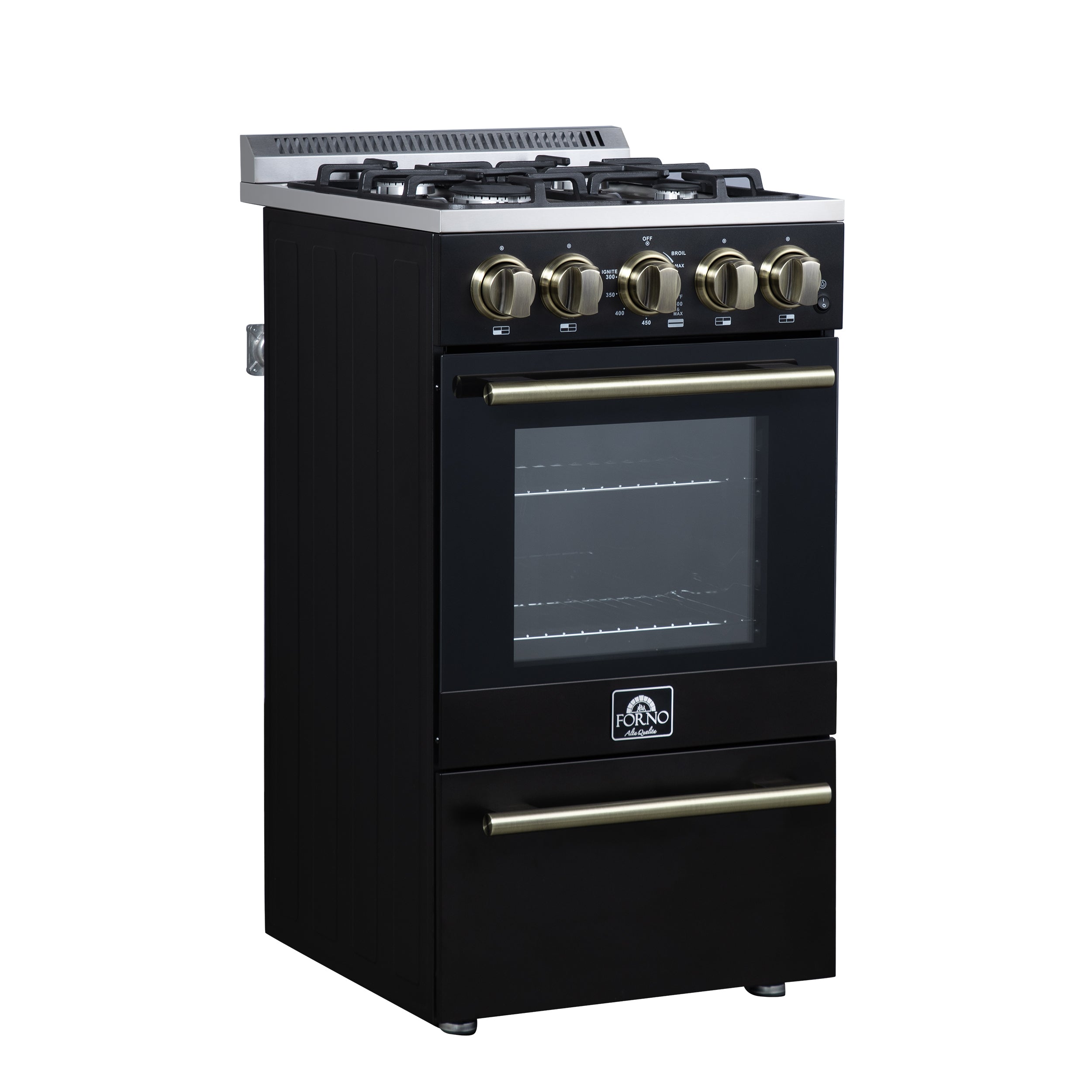 Forno Lamazze 20 in. 2.05 cu.ft. Black Gas Range with 4 Burners, Storage Drawer and Antique Brass Accents | FFSGS6265-20BLK