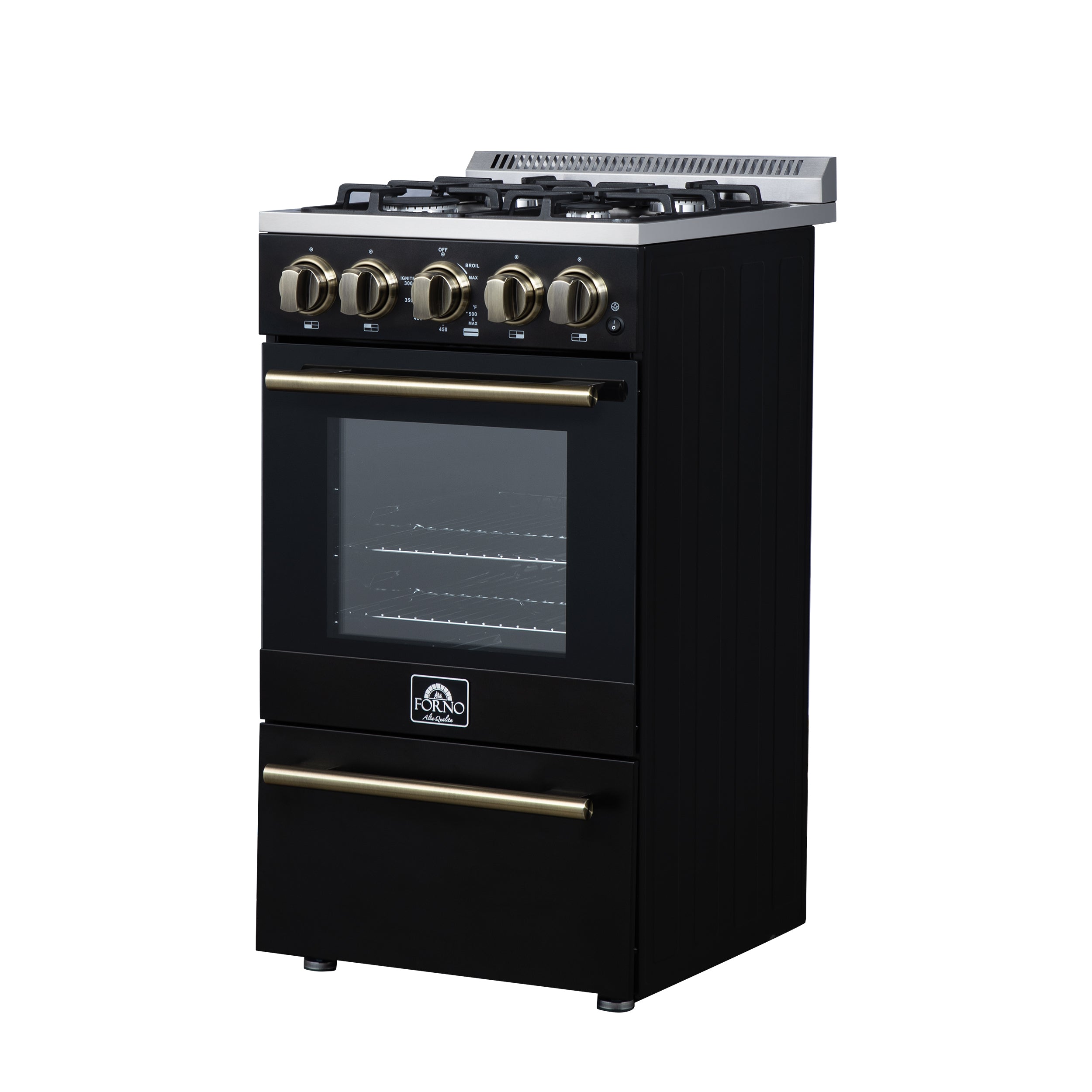 Forno Lamazze 20 in. 2.05 cu.ft. Black Gas Range with 4 Burners, Storage Drawer and Antique Brass Accents | FFSGS6265-20BLK