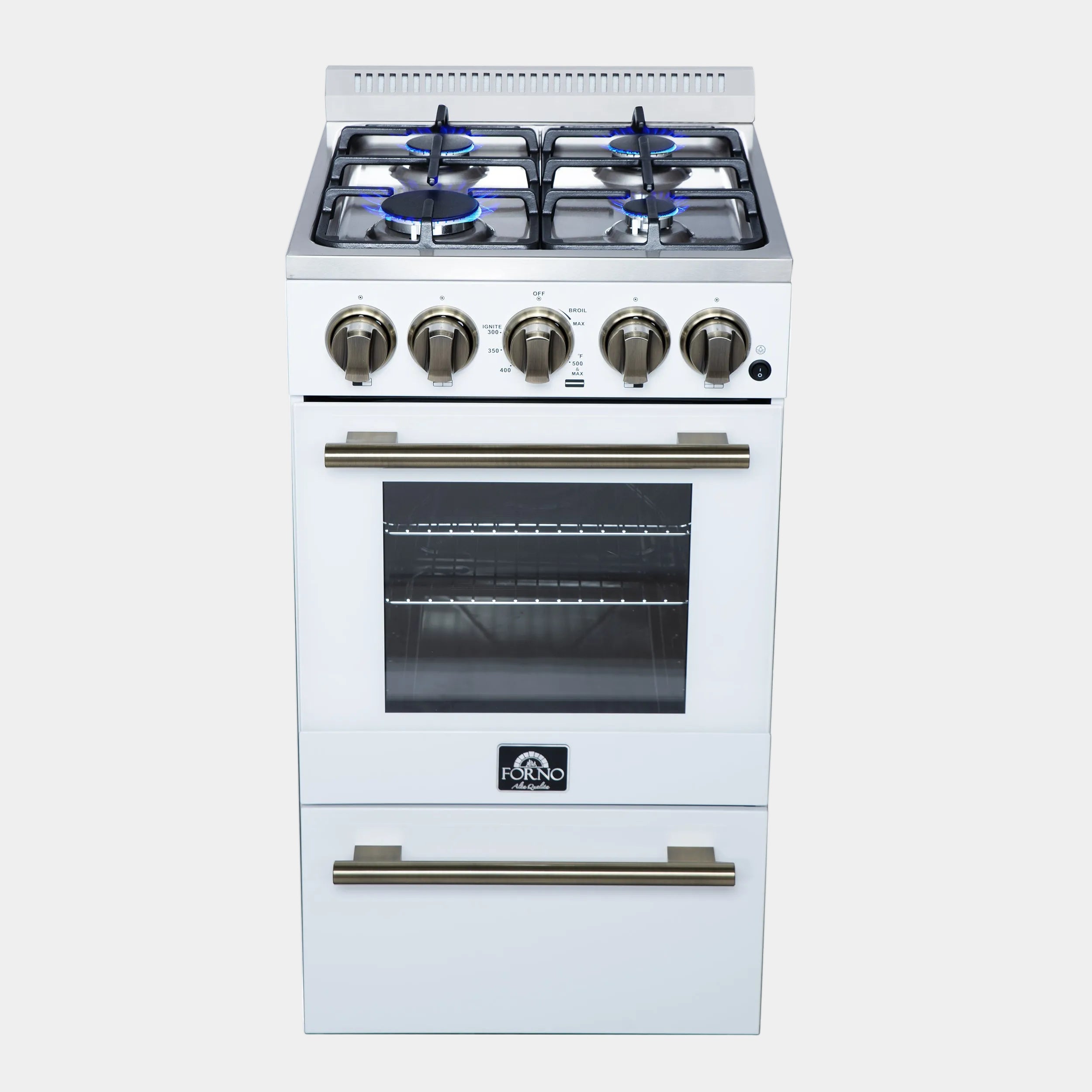 Forno Lamazze 20 in. 2.05 cu.ft. White Gas Range with 4 Burners, Storage Drawer and Antique Brass Accents | FFSGS6265-20WHT