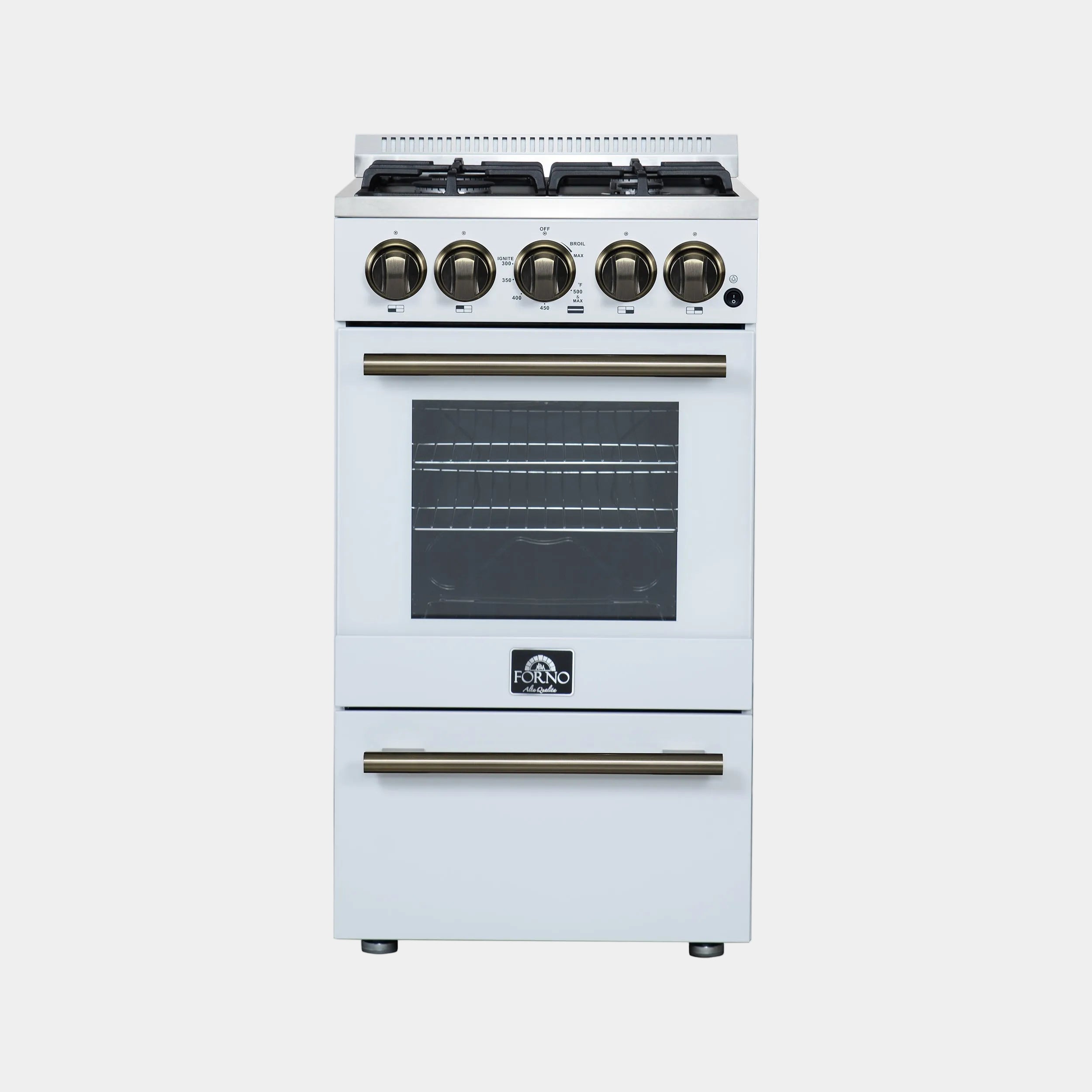 Forno Lamazze 20 in. 2.05 cu.ft. White Gas Range with 4 Burners, Storage Drawer and Antique Brass Accents | FFSGS6265-20WHT