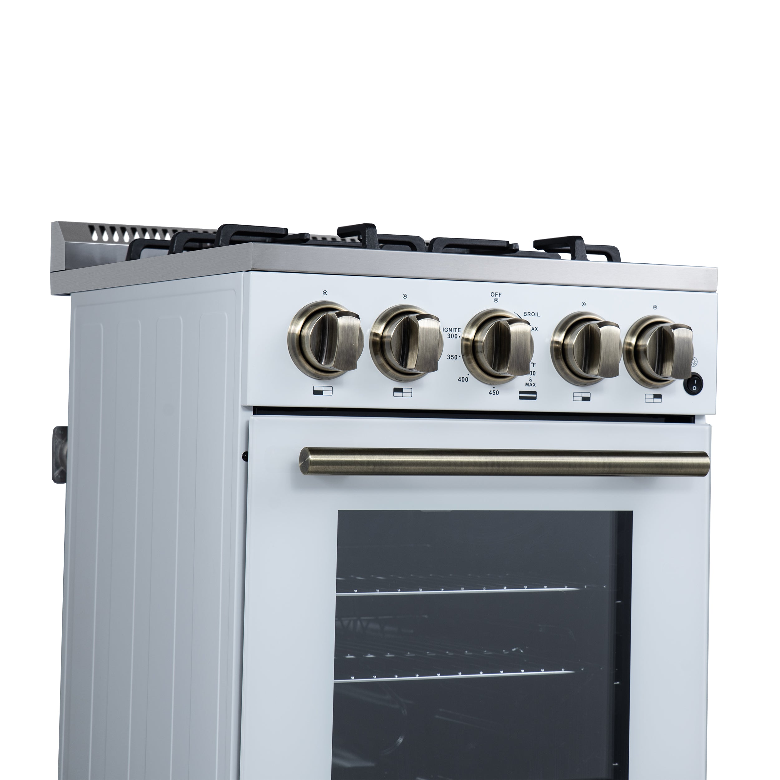 Forno Lamazze 20 in. 2.05 cu.ft. White Gas Range with 4 Burners, Storage Drawer and Antique Brass Accents | FFSGS6265-20WHT