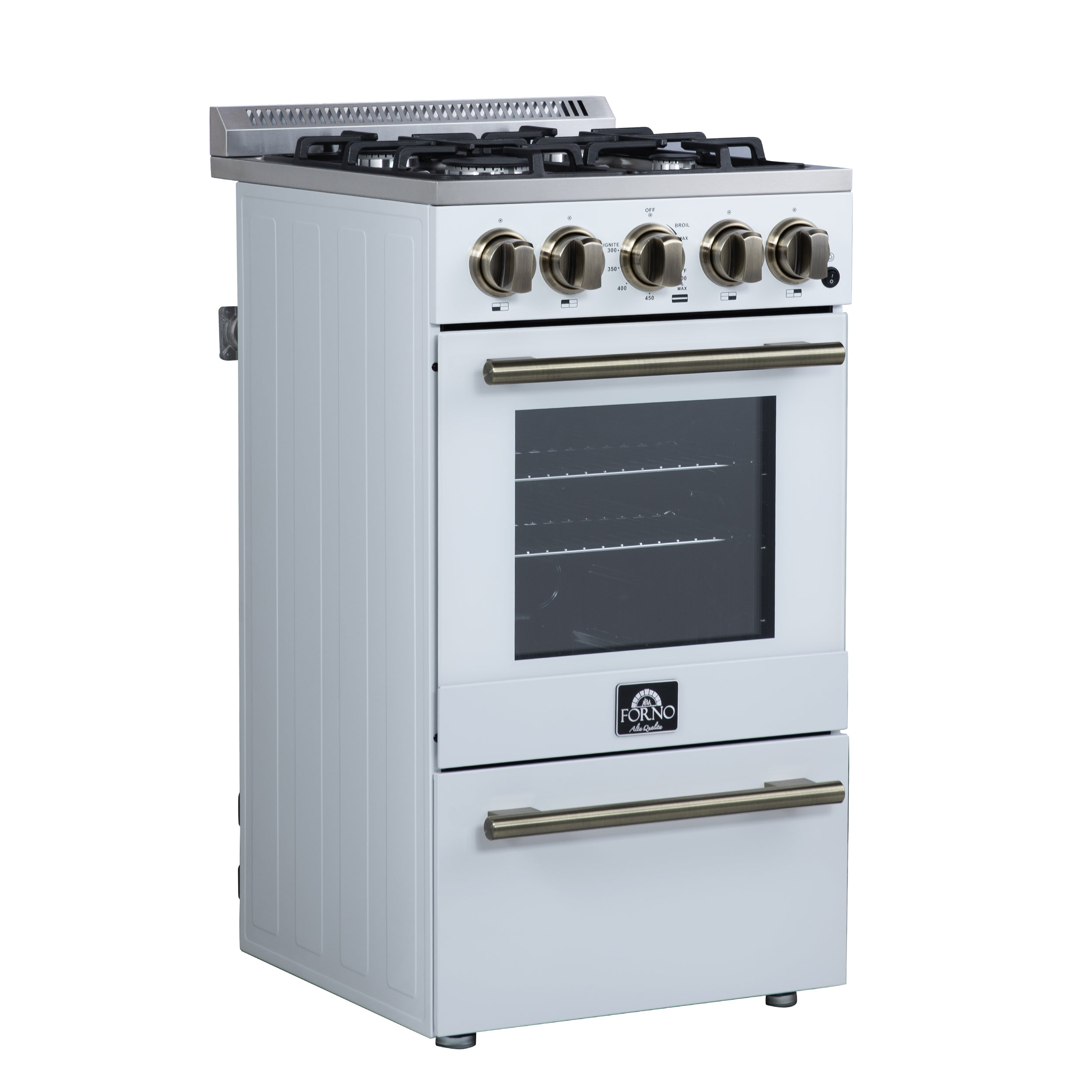 Forno Lamazze 20 in. 2.05 cu.ft. White Gas Range with 4 Burners, Storage Drawer and Antique Brass Accents | FFSGS6265-20WHT