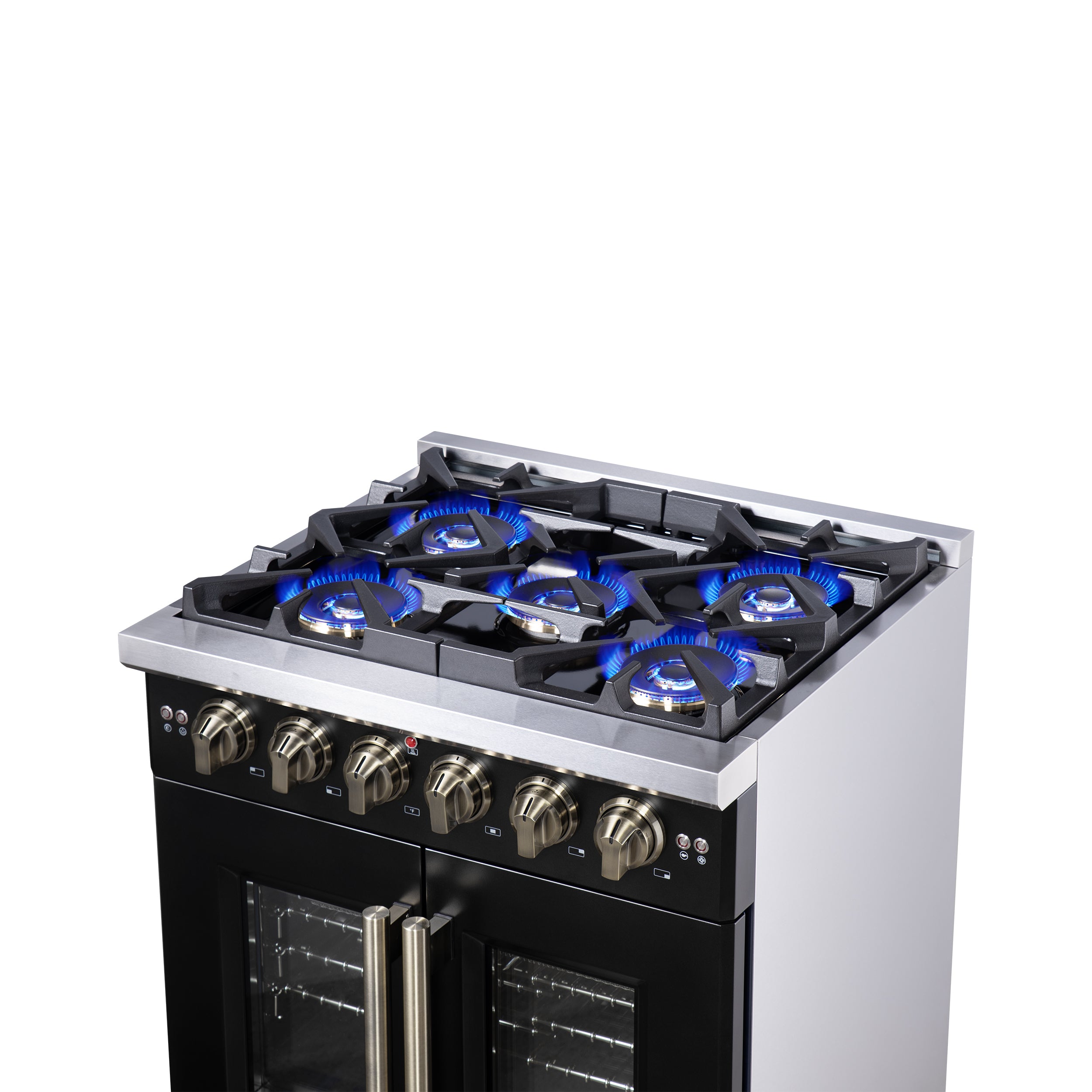 Forno Capriasca 30 in. 4.32 cu. ft. 5-Burner Black French Door Gas Range with Antique brass Accents | FFSGS6460-30BLK